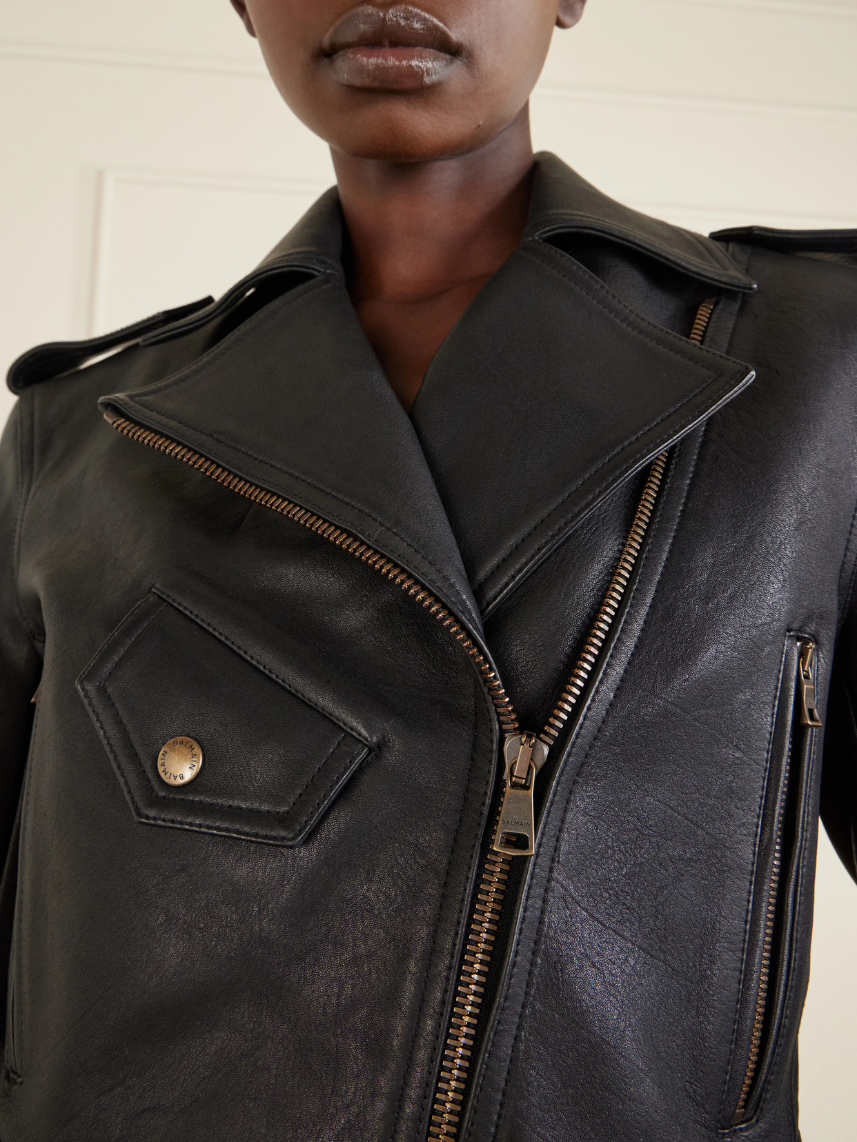 Balmain Collared Long-sleeved Leather Jacket In Black