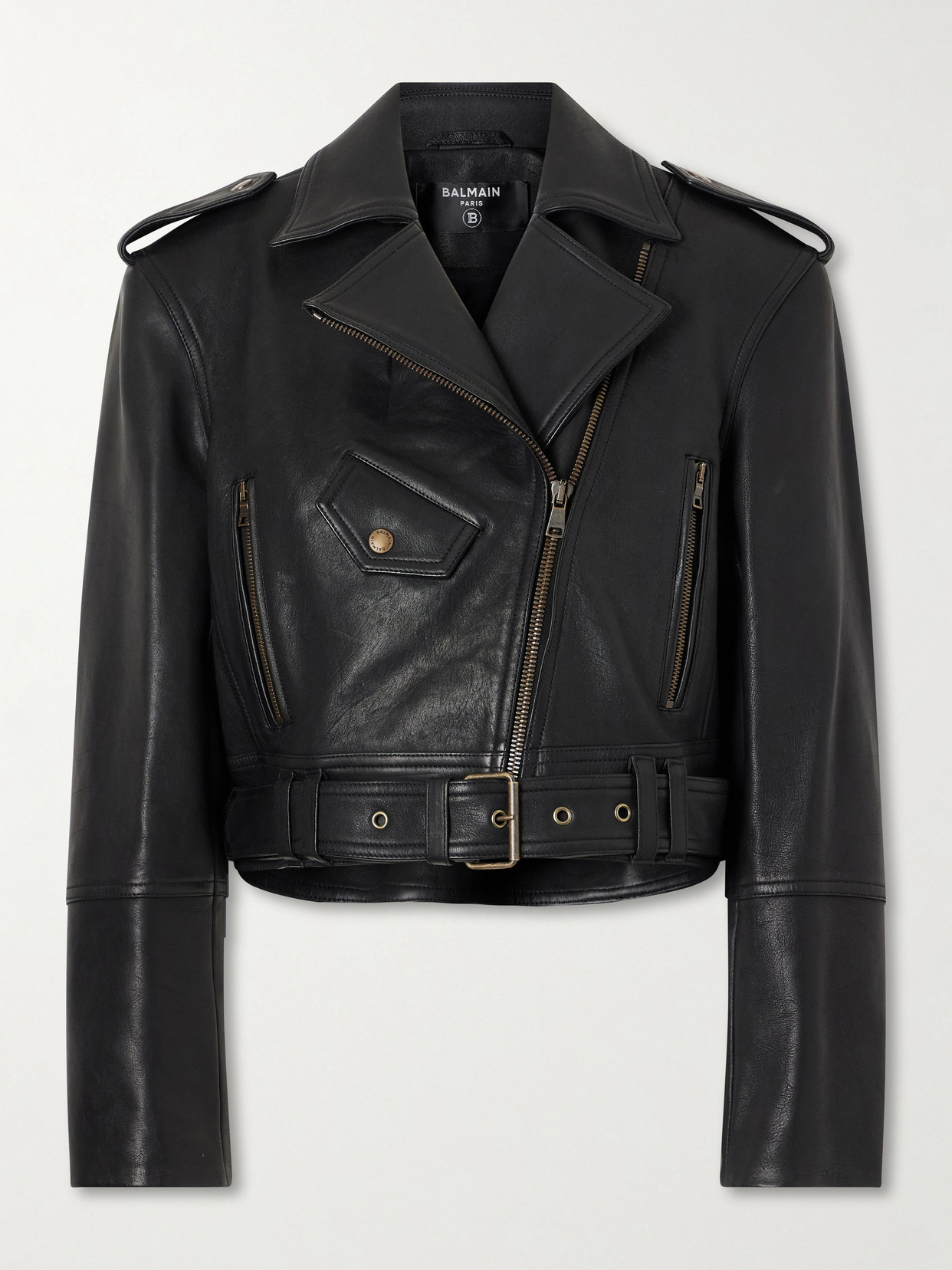 Balmain Cropped Belted Leather Biker Jacket In Black