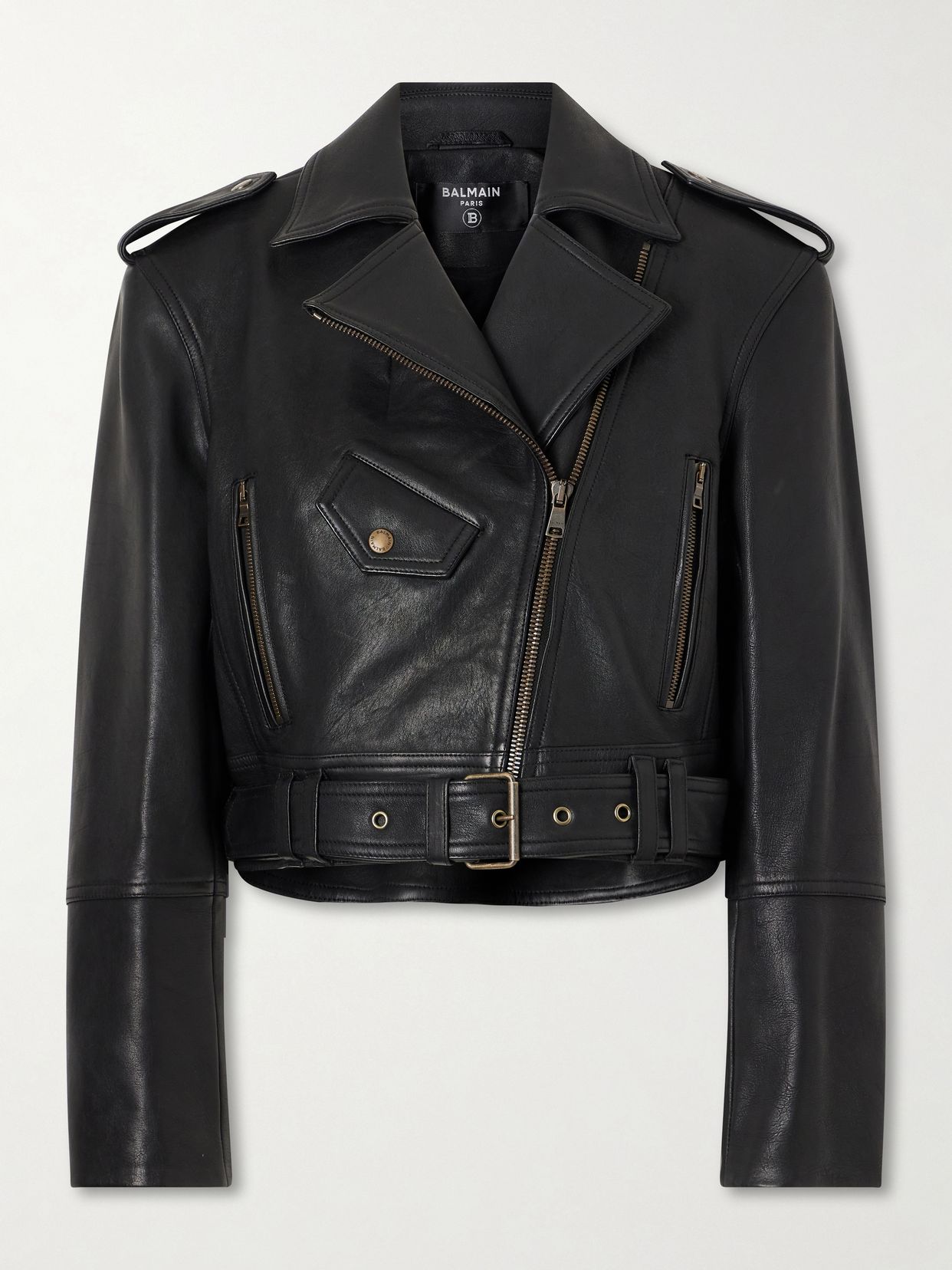 Cropped belted leather biker jacket