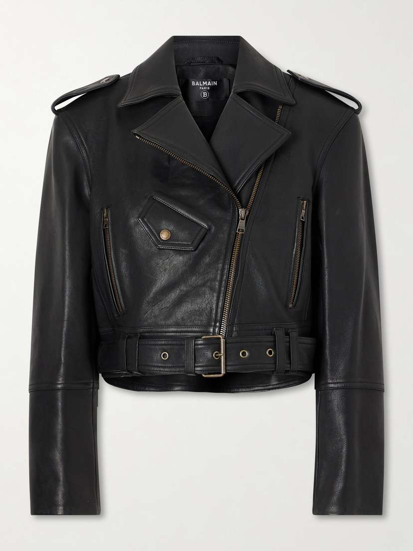 Balmain Cropped Belted Leather Biker Jacket