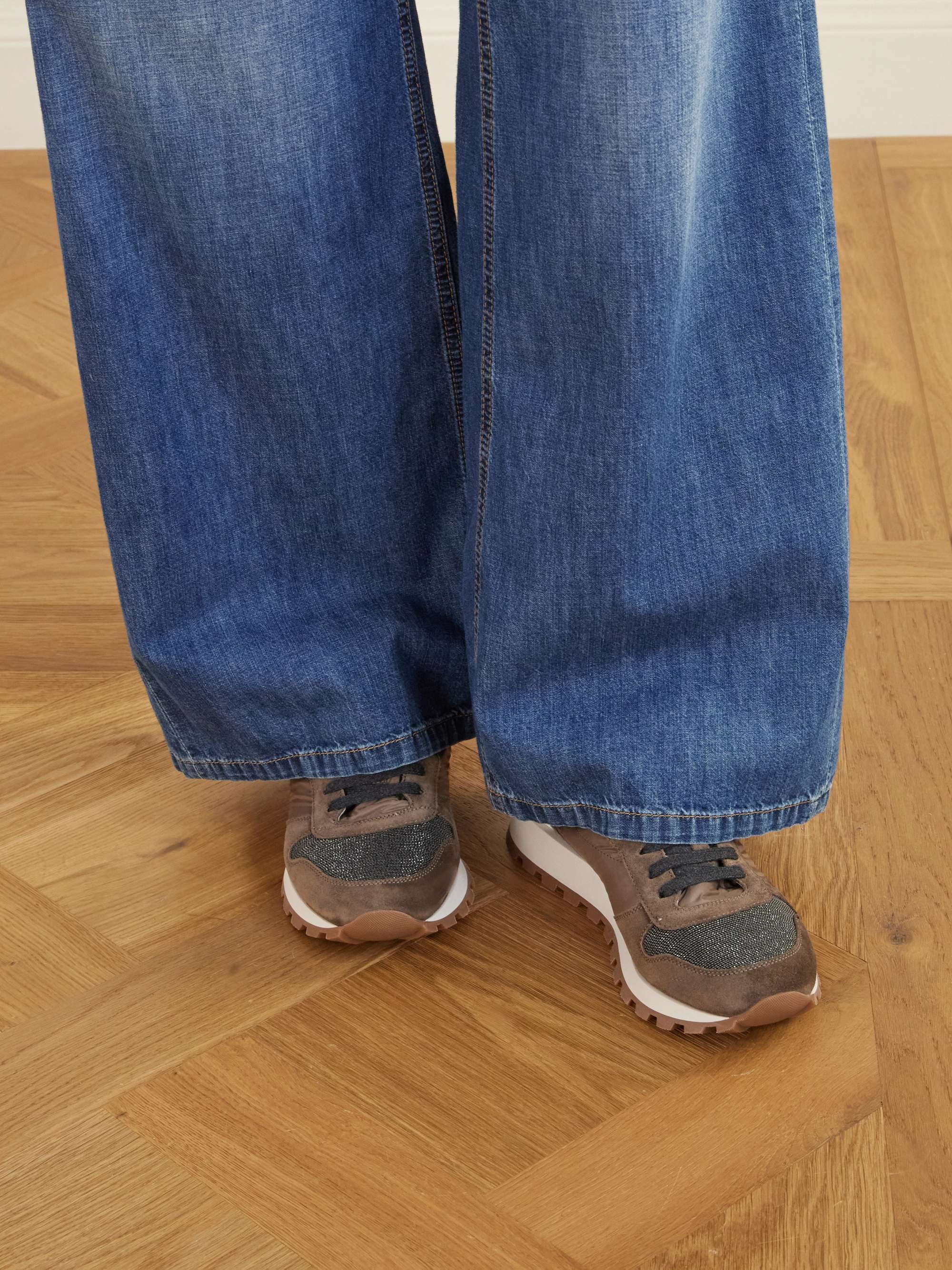 BRUNELLO CUCINELLI Bead-embellished nylon and suede sneakers