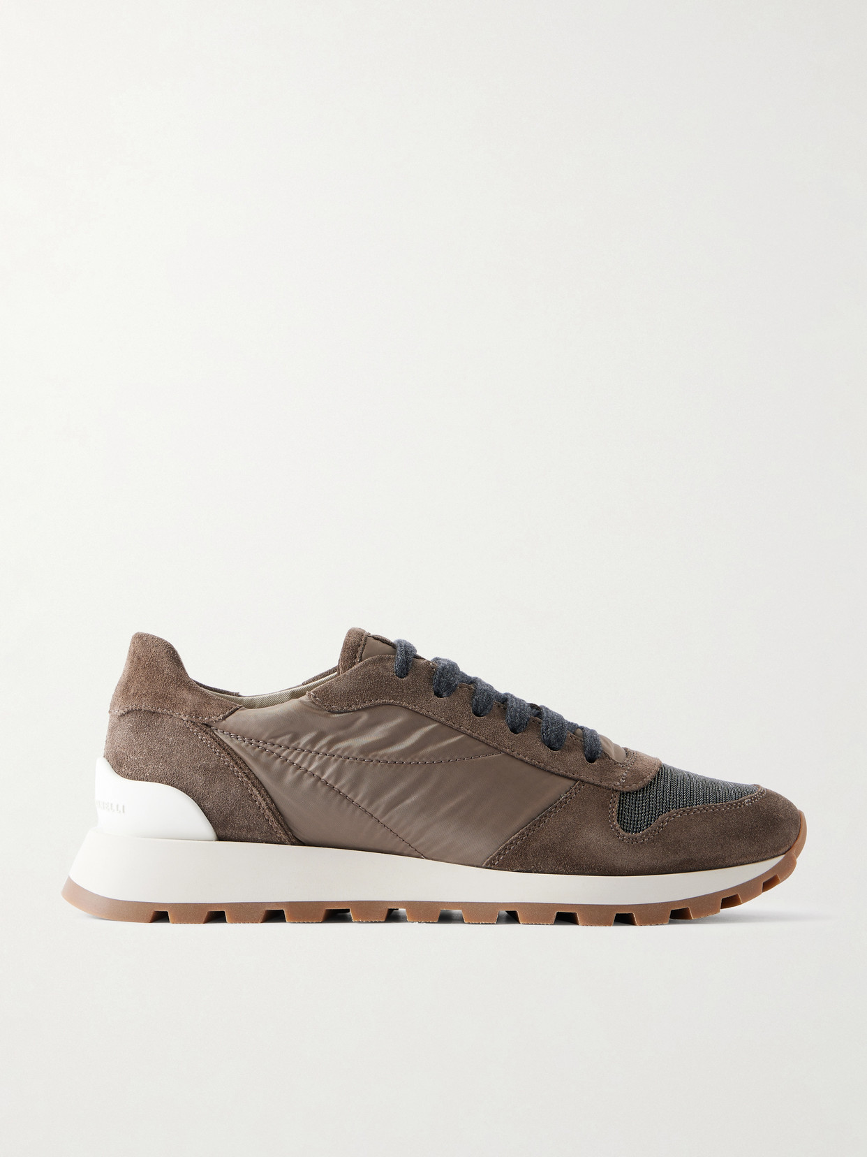 Brunello Cucinelli Monilli Runner Bead-embellished Shell And Suede Sneakers In Brown