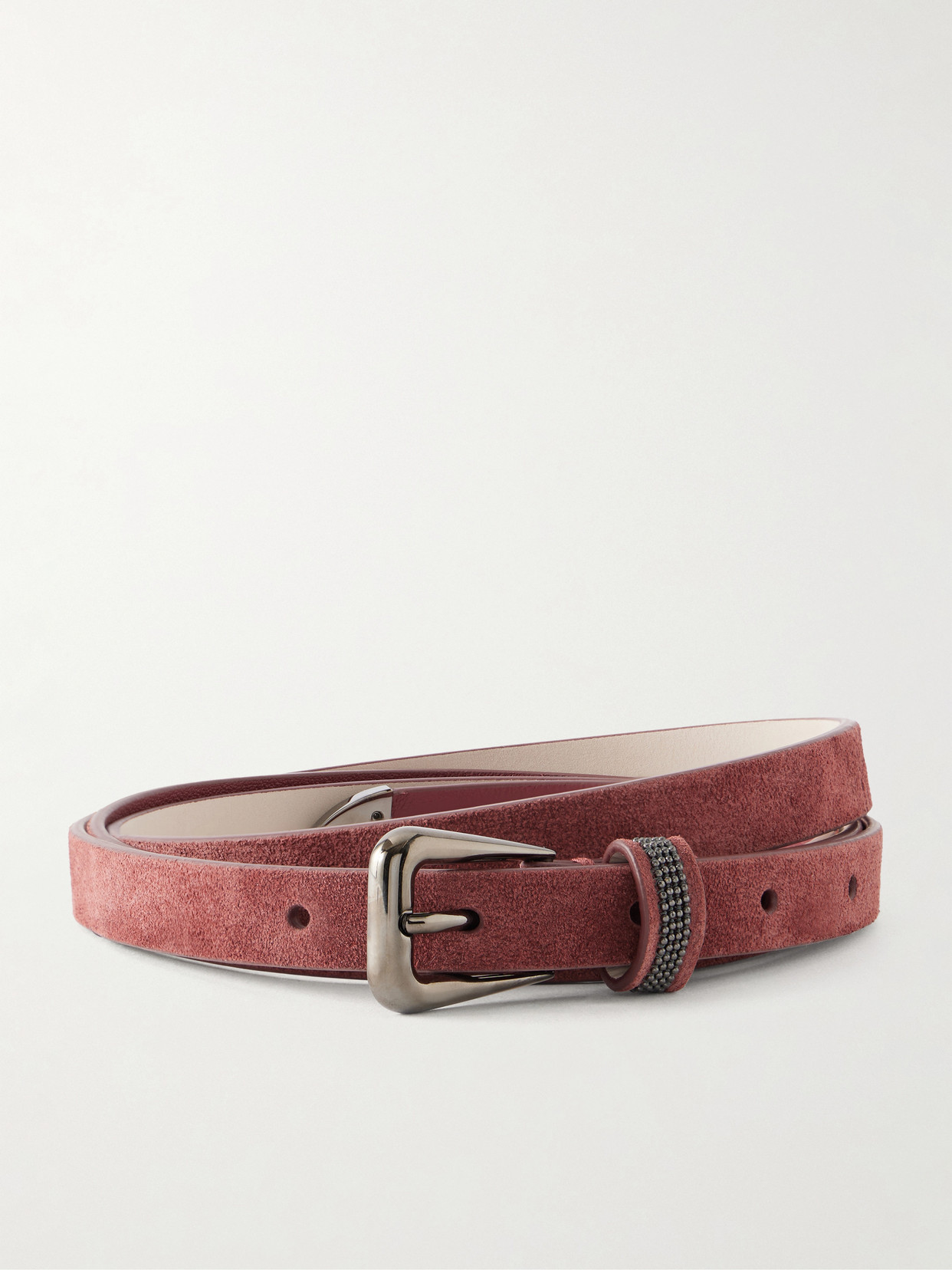 Brunello Cucinelli Embellished Suede Skinny Belt In Burgundy