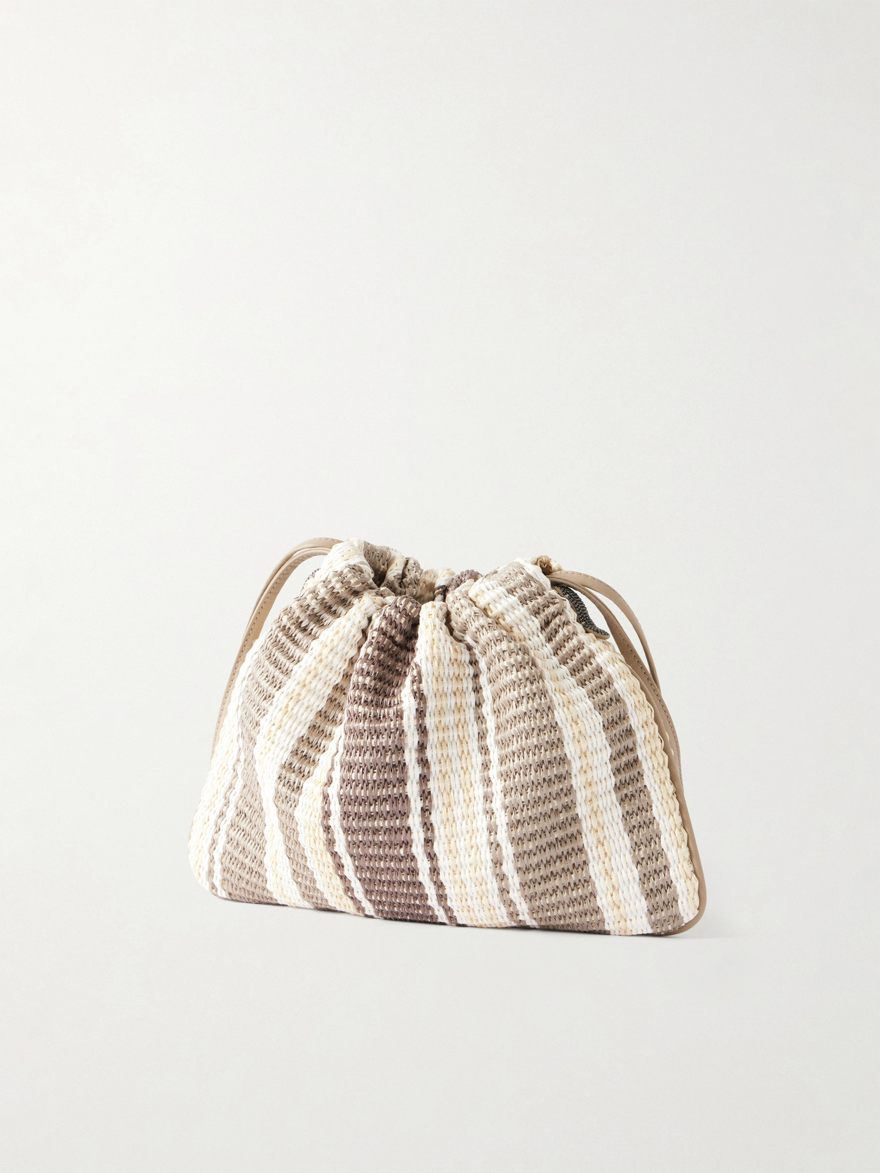 Striped Leather-Trimmed Raffia Shoulder Bag