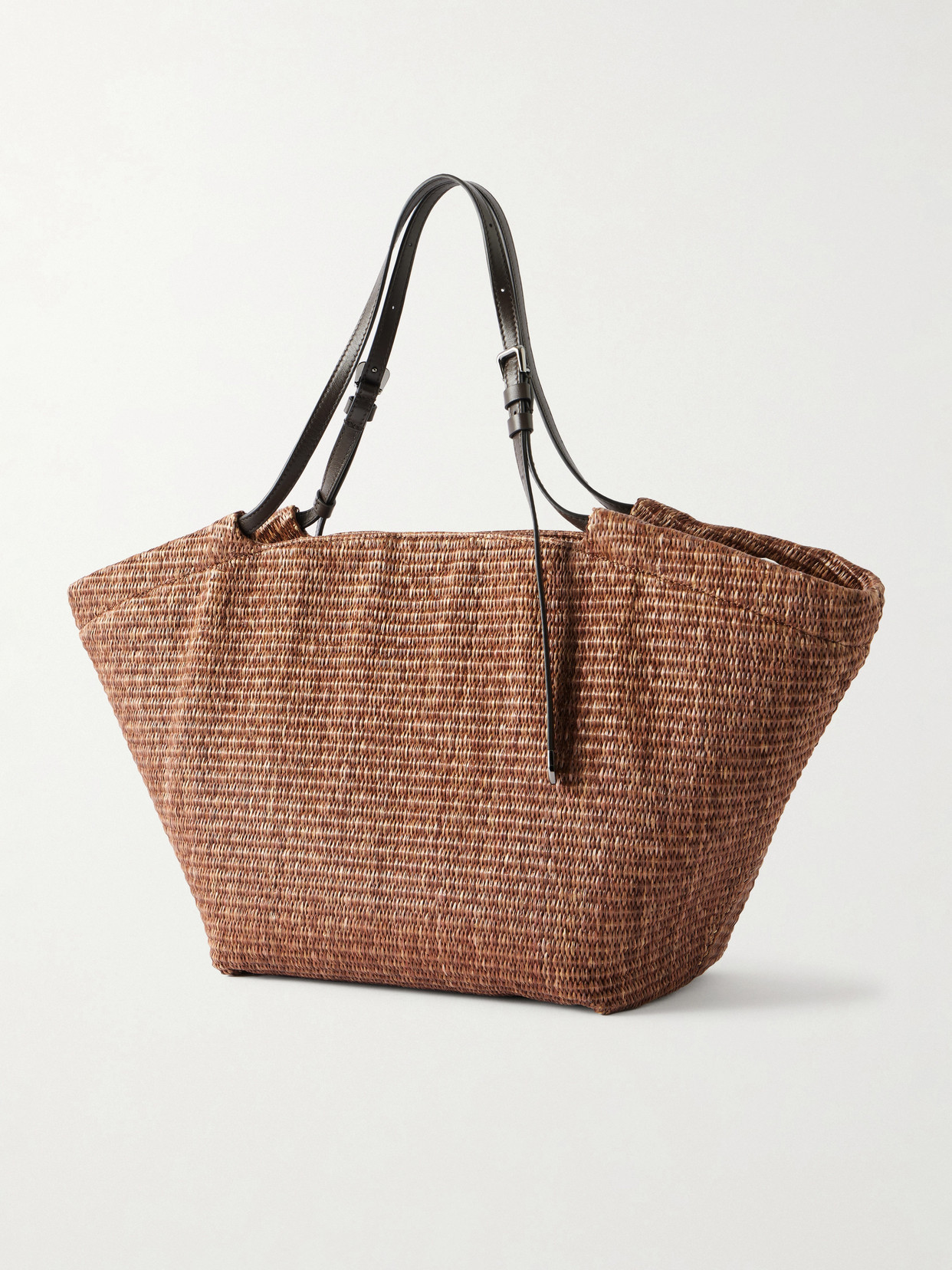 Leather-Trimmed Raffia Tote