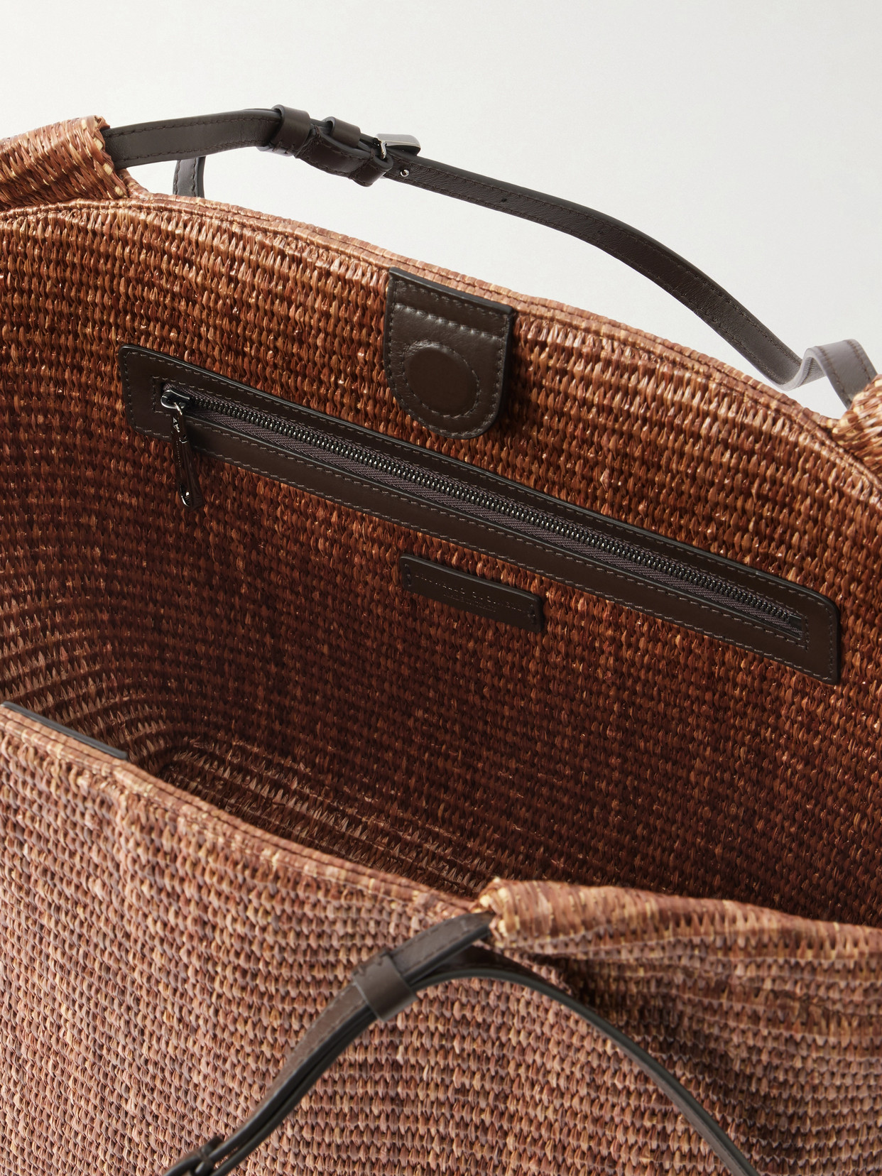 Leather-Trimmed Raffia Tote