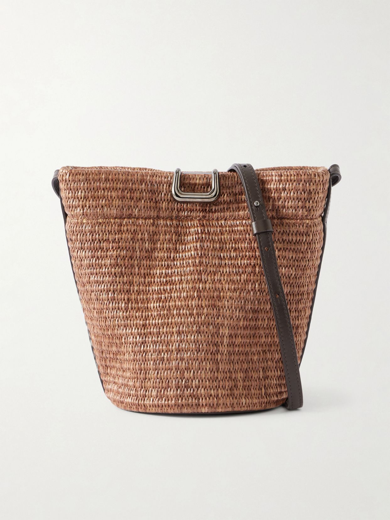 Leather-trimmed raffia bucket bag