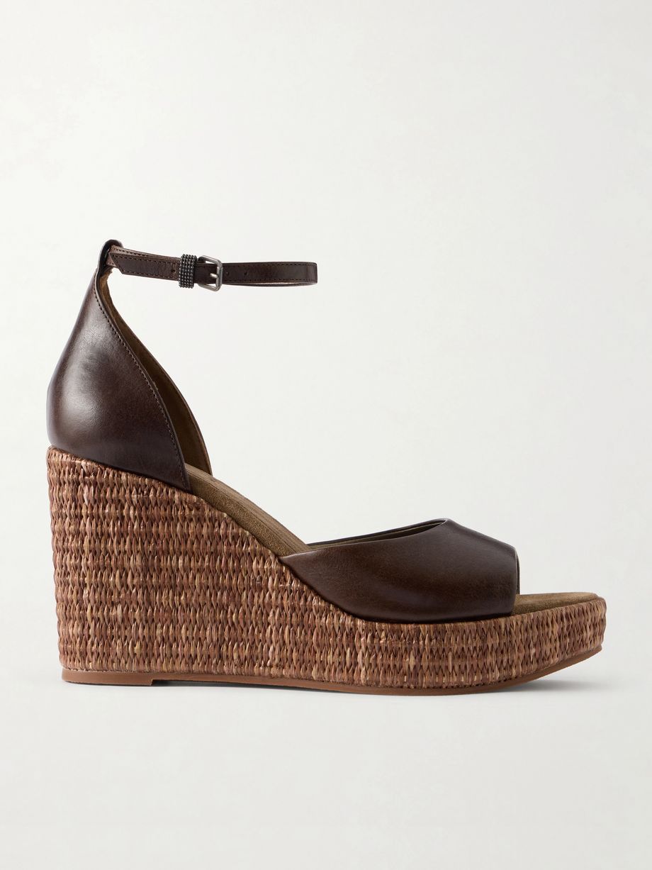 Embellished leather platform wedge espadrille sandals
