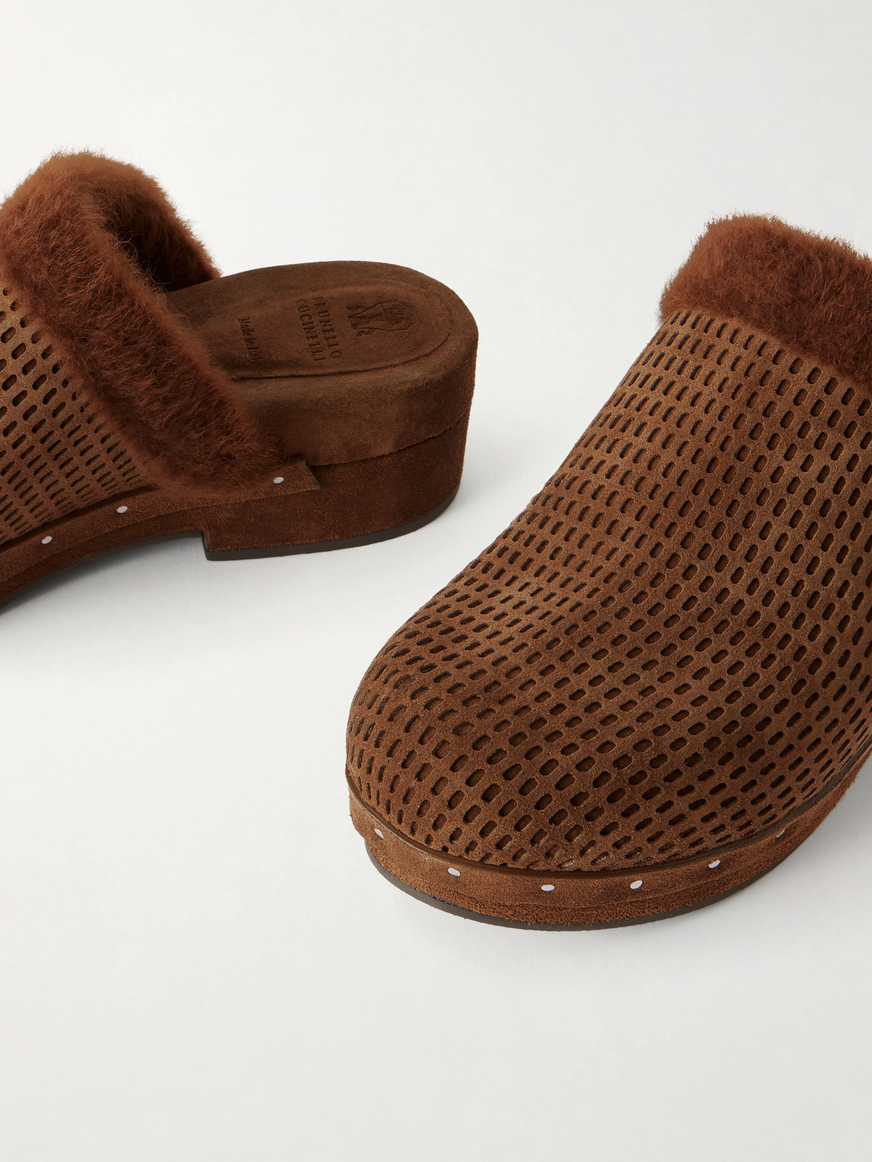 Bead-Embellished Shearling-Trimmed Suede Clogs