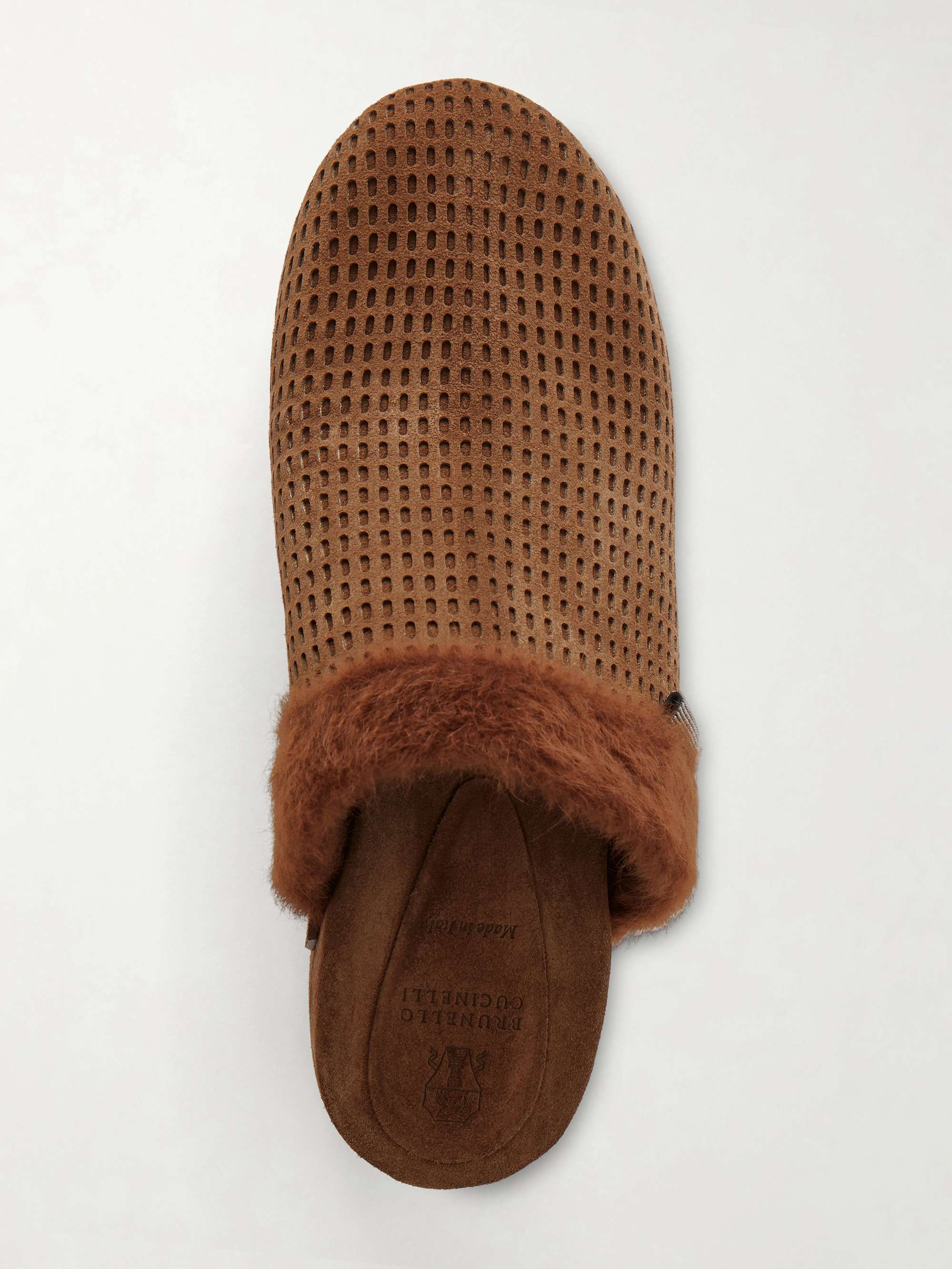 BRUNELLO CUCINELLI Bead-embellished shearling-trimmed suede clogs