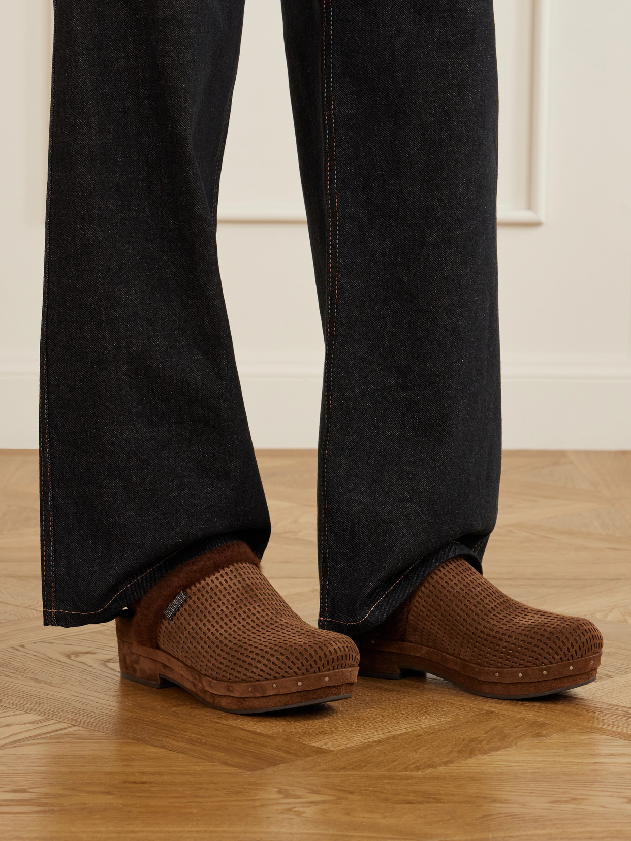 Bead-Embellished Shearling-Trimmed Suede Clogs
