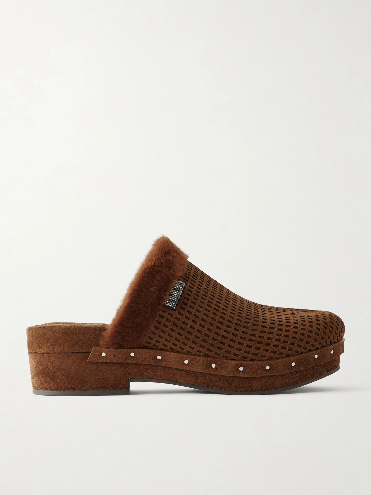 Brunello Cucinelli - Bead-embellished Shearling-trimmed Suede Clogs - Brown