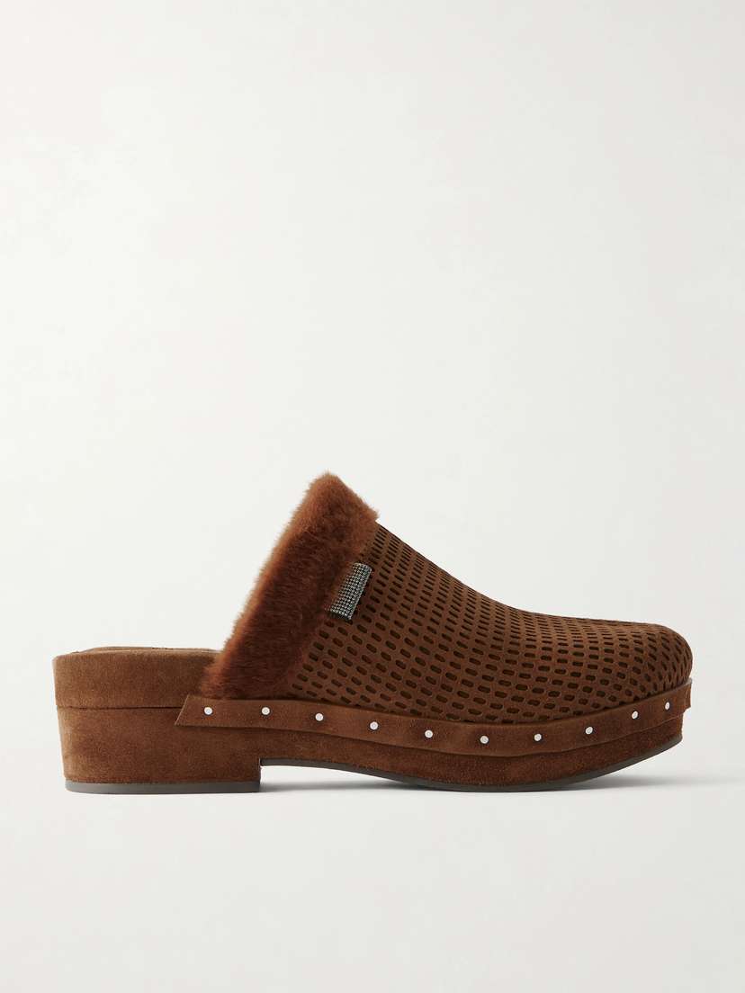 Brunello Cucinelli Bead-embellished Shearling-trimmed Suede Clogs