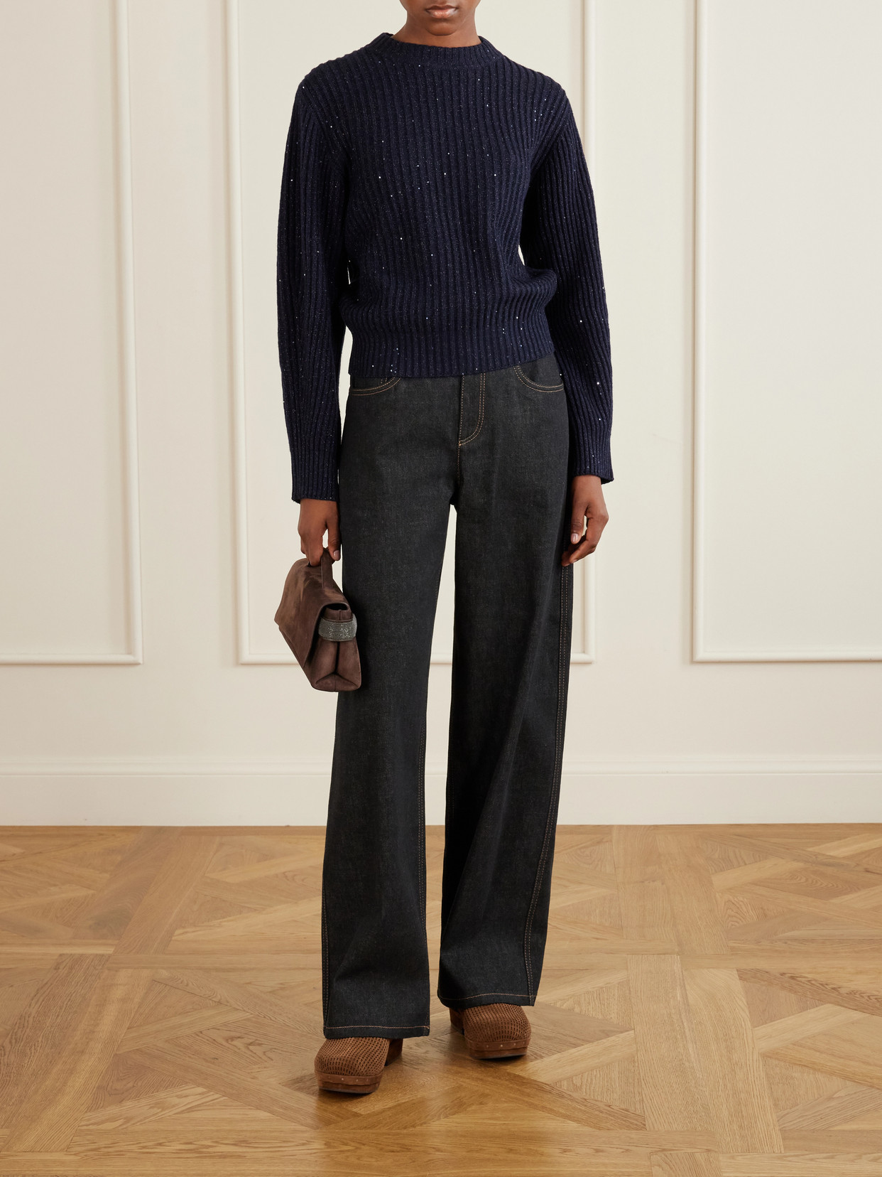 Bead-Embellished Shearling-Trimmed Suede Clogs