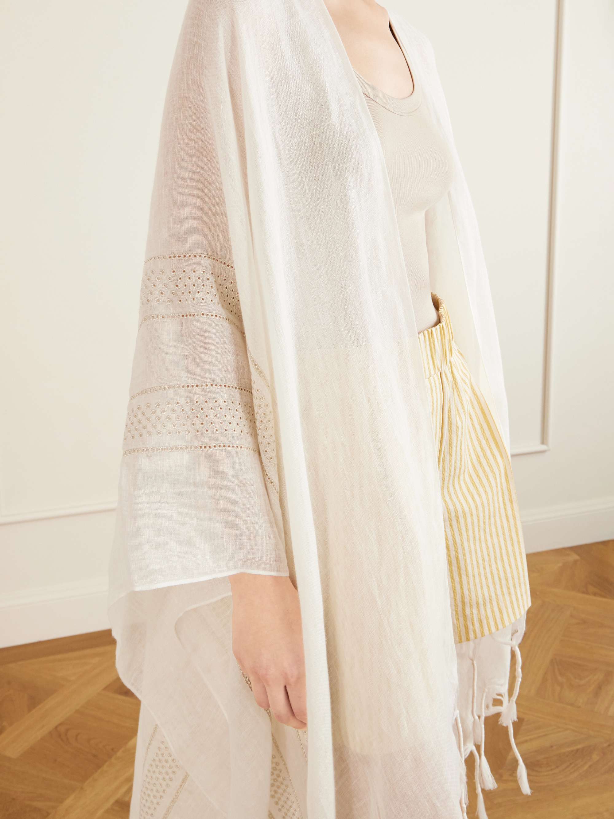 美品「BRUNELLO CUCINELLI」最高級コットン ポロ イタリア製　L BRUNELLO CUCINELLI Fringed broderie anglaise-trimmed linen poncho