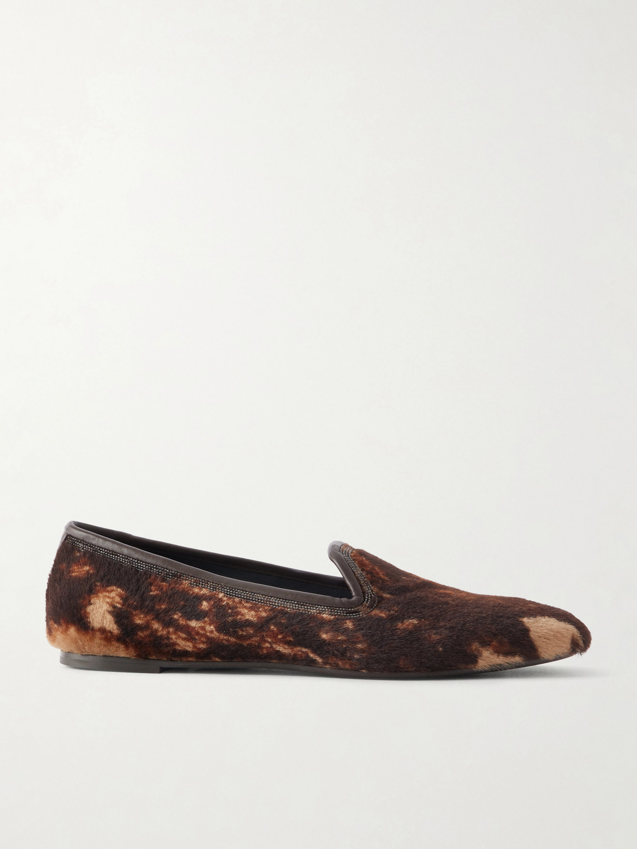 Brunello Cucinelli Bead-embellished Leather-trimmed Brushed Loafers In Brown