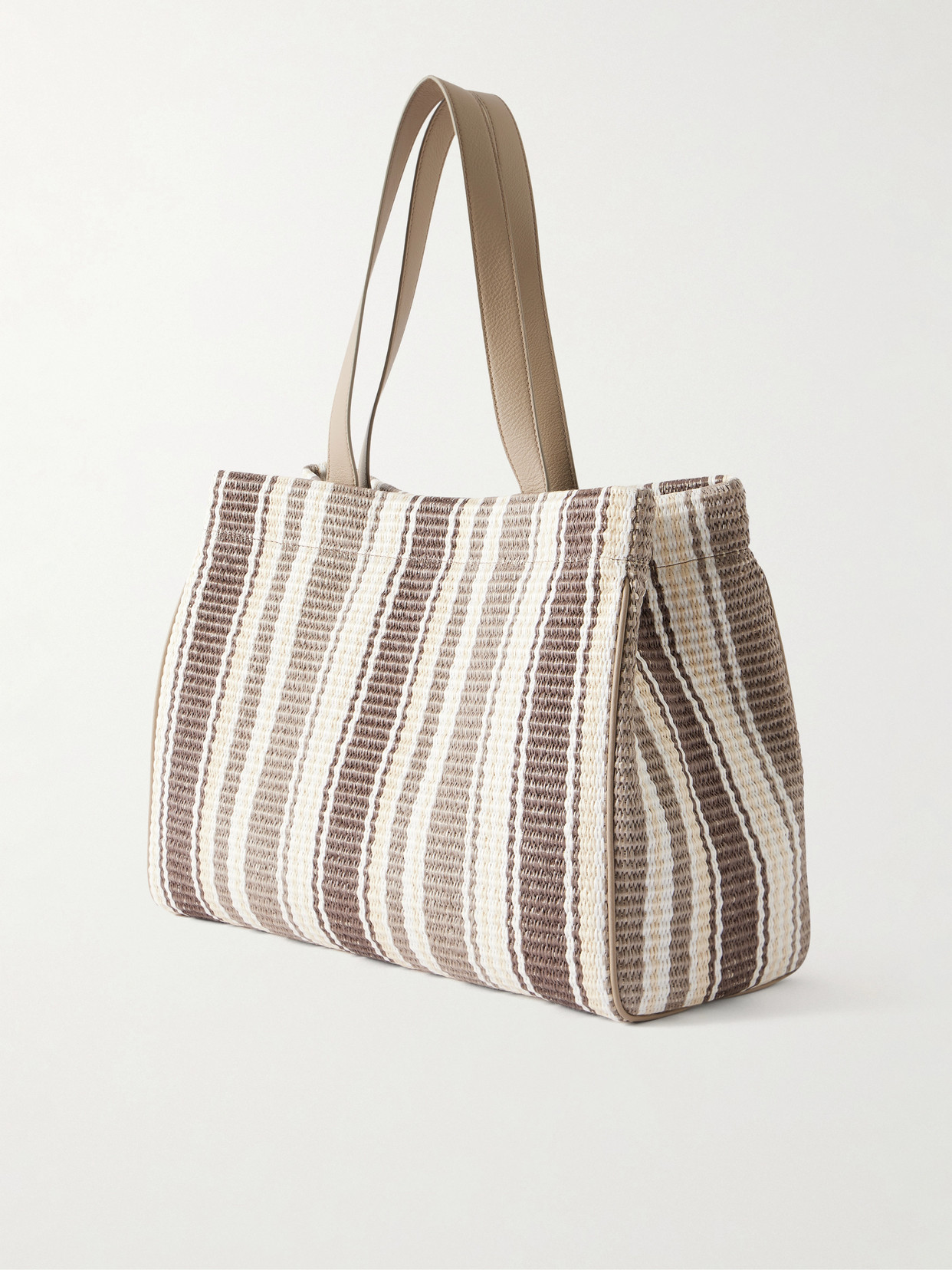Striped Leather-Trimmed Raffia Tote