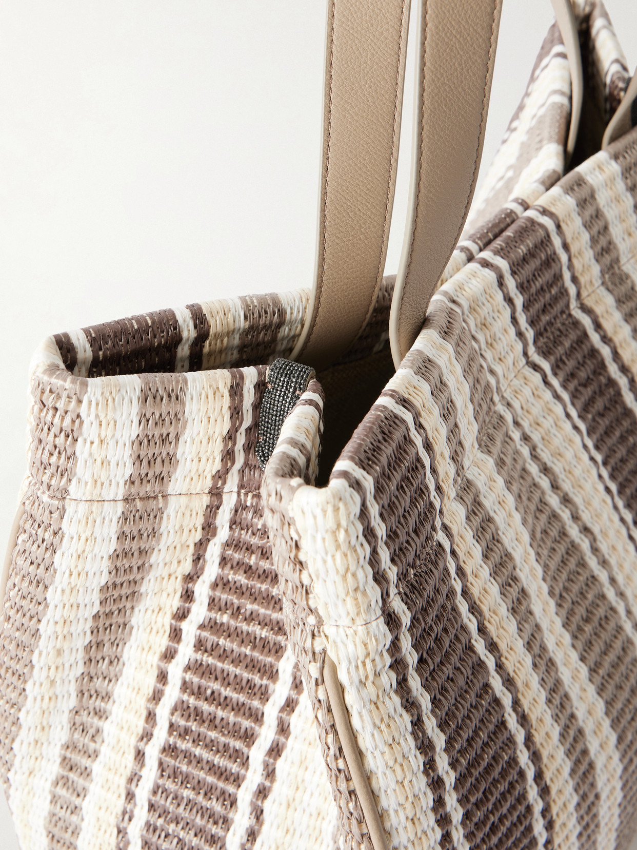 Striped Leather-Trimmed Raffia Tote