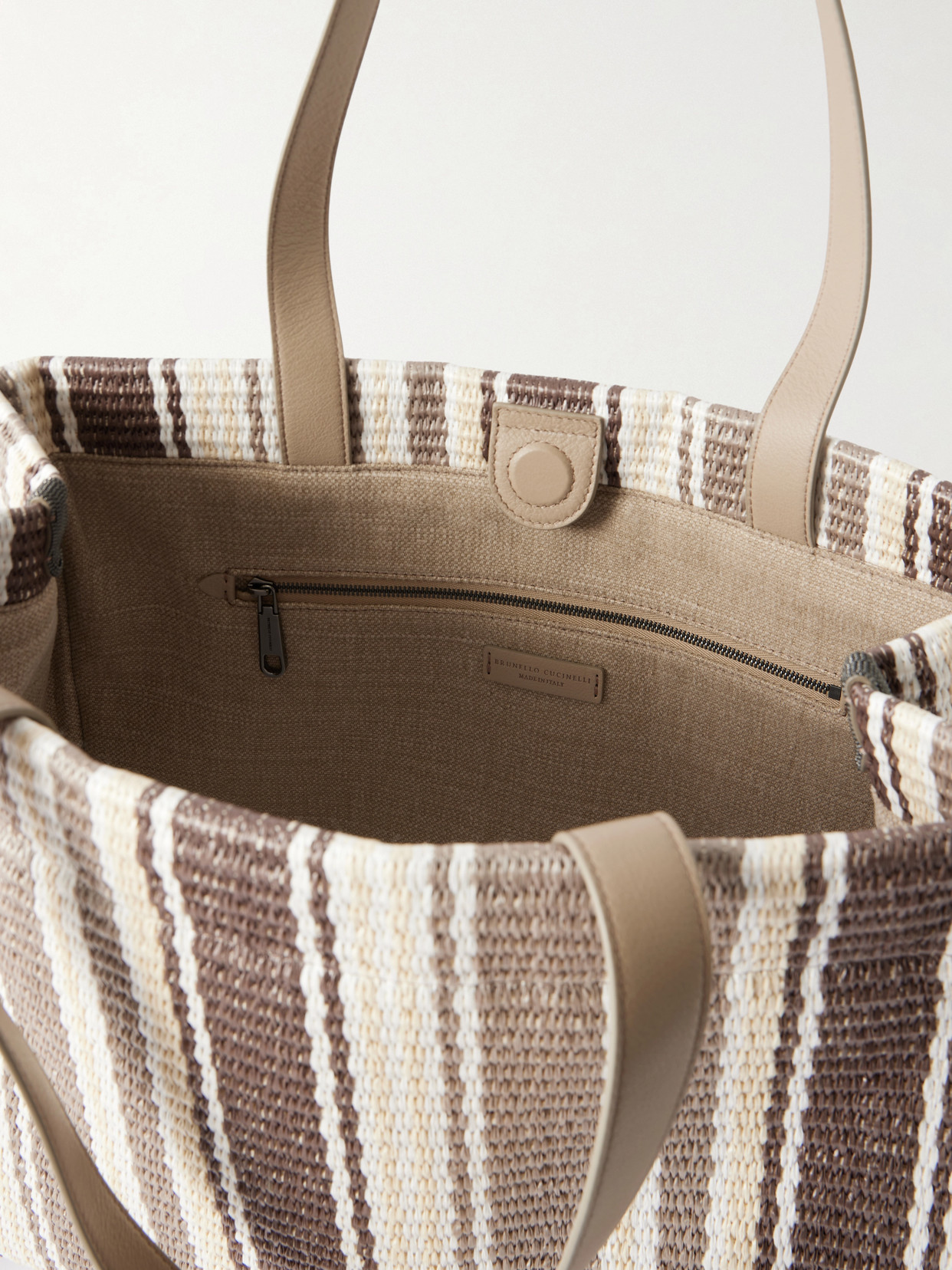 Striped Leather-Trimmed Raffia Tote