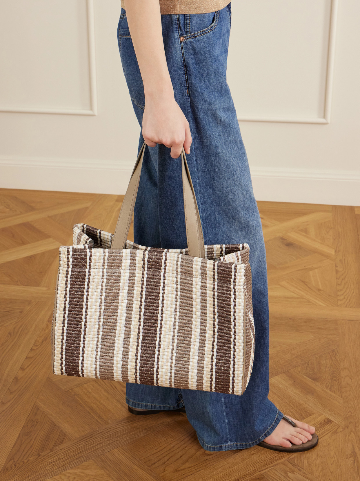 Striped Leather-Trimmed Raffia Tote