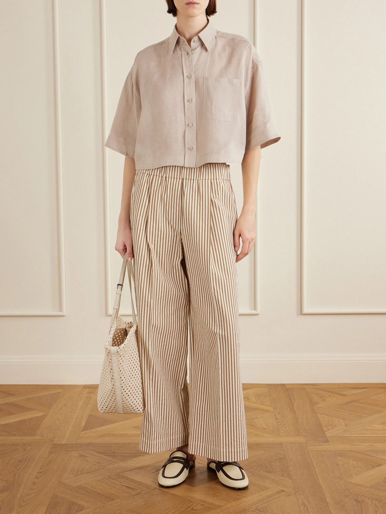 Leather-Trimmed Cotton Shoulder Bag