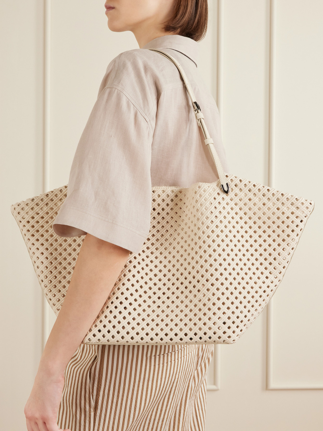 Leather-Trimmed Cotton Shoulder Bag