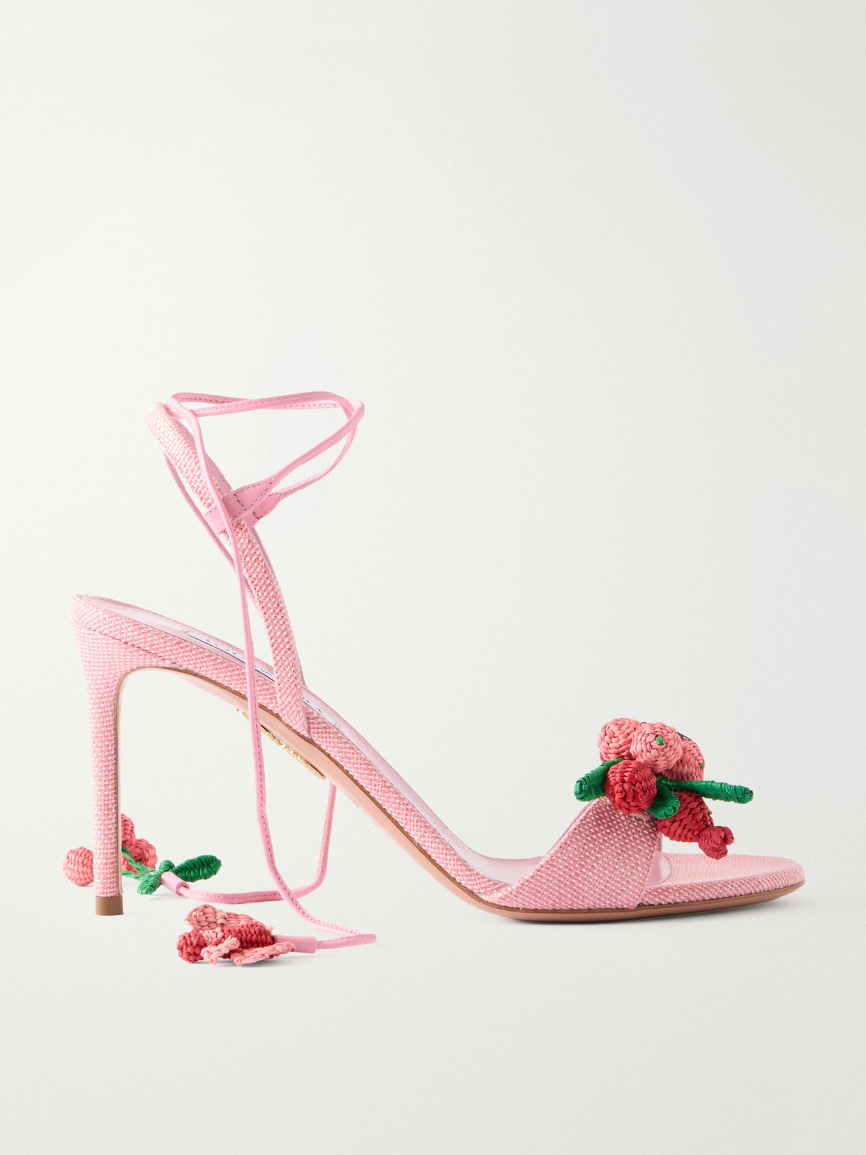 Aquazzura Botanica 105 Embellished Leather And Raffia Sandals In Pink