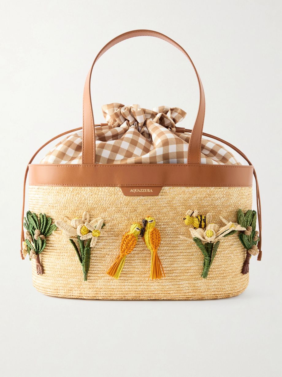 Birdsong appliquéd leather-trimmed raffia tote