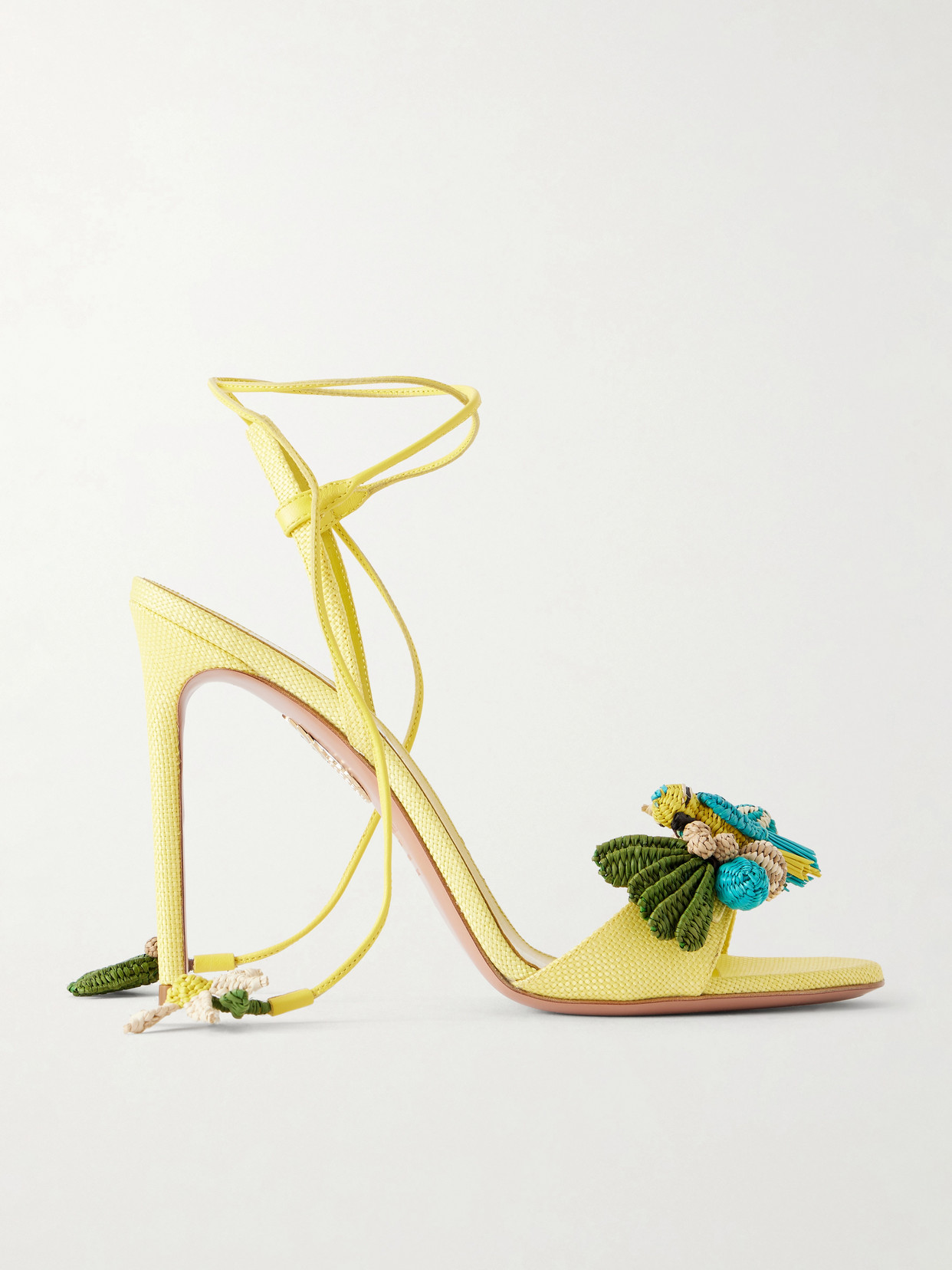 Aquazzura Birdsong 105 Leather-trimmed Raffia Sandals In Yellow