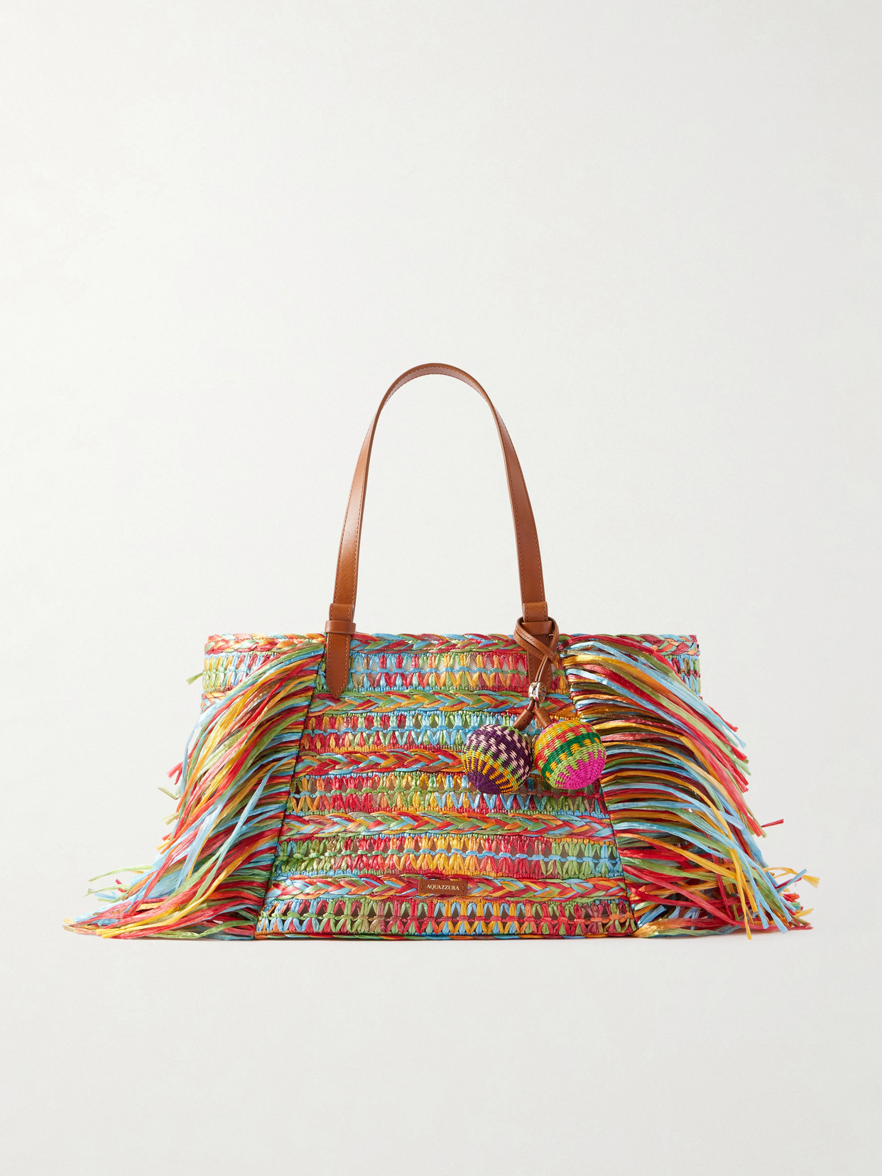 Aquazzura Trancoso Fringed Embellished Leather-trimmed Woven Raffia Tote In Gold