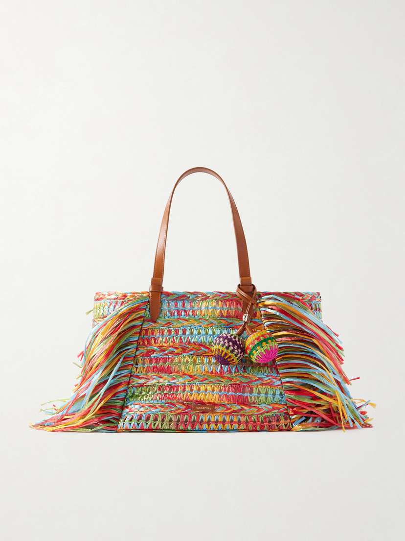 Aquazzura Trancoso Fringed Embellished Leather-trimmed Woven Raffia Tote