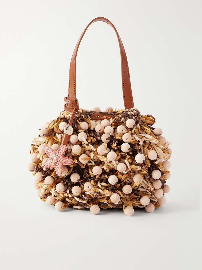 Aquazzura Pom Pom Leather-trimmed Beaded Woven Raffia Mini Bag
