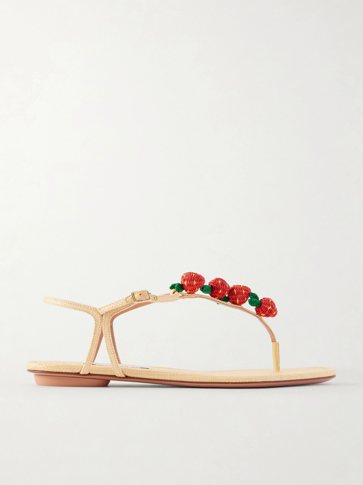Aquazzura Fragolina Sugar Embellished Raffia-effect Flat Sandals In Neutral