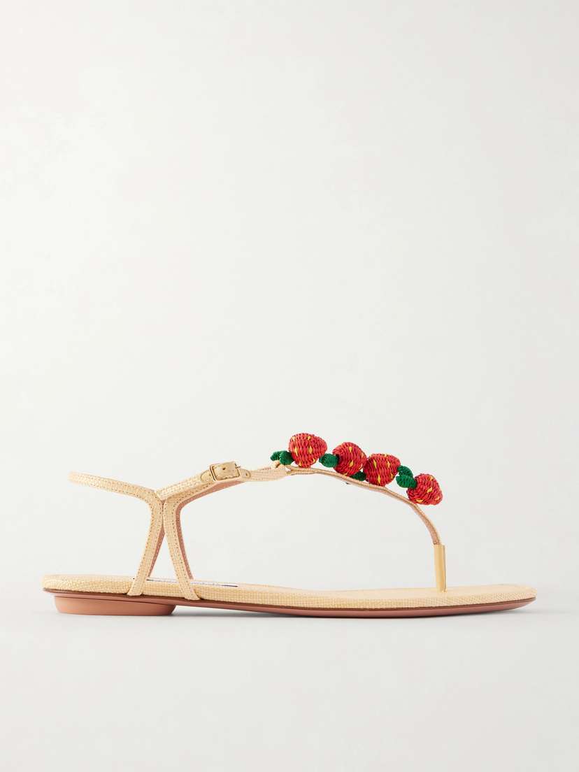 Aquazzura Fragolina Sugar Embellished Raffia-effect Flat Sandals