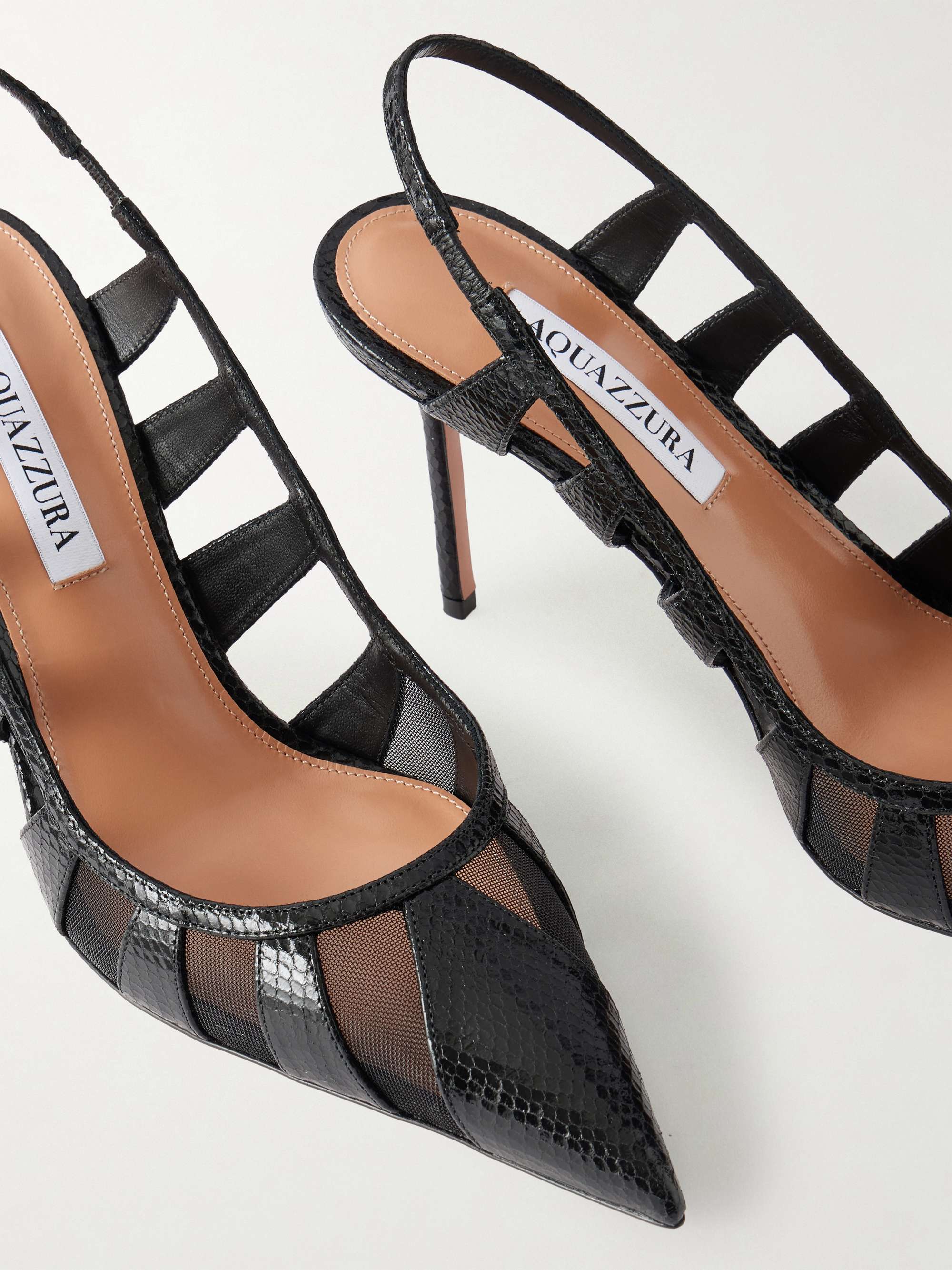 AQUAZZURA Screen 85 cutout mesh-trimmed leather pumps | NET-A-PORTER