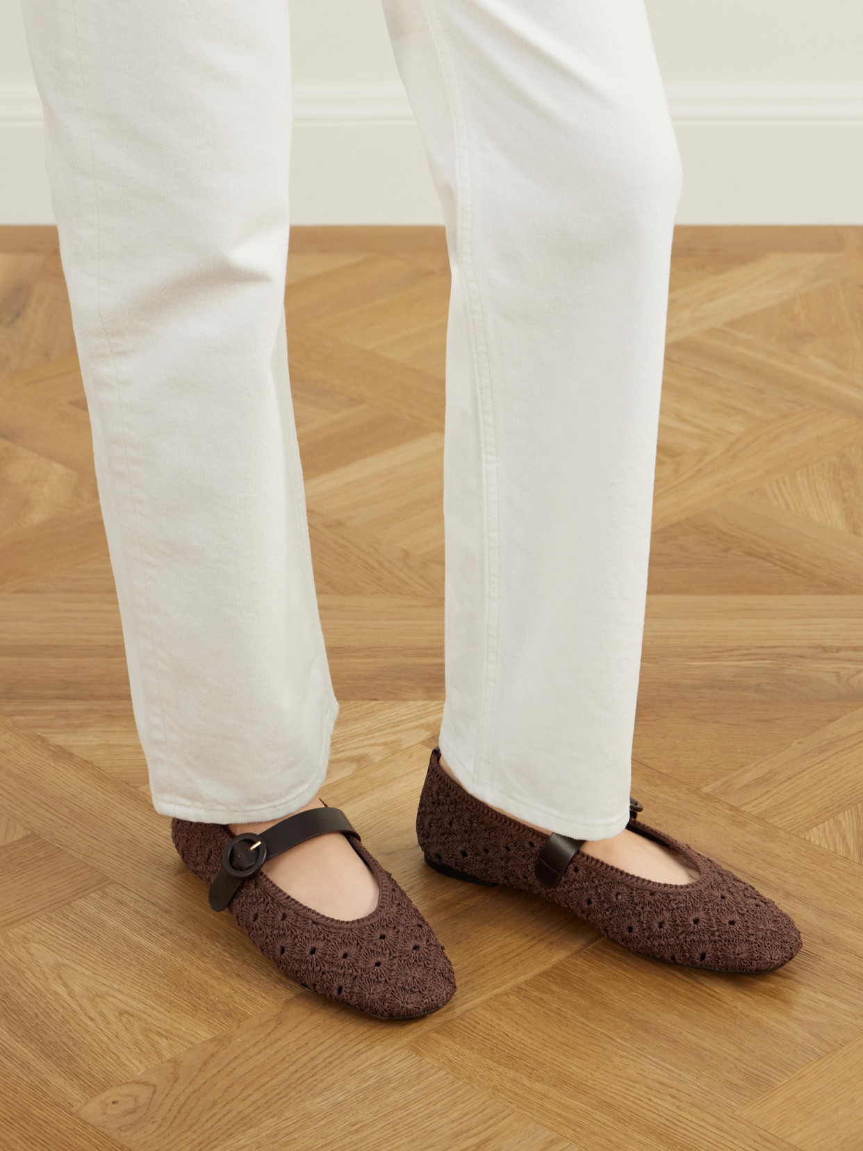 Loom Leather-Trimmed Crochet-Knit Ballet Flats