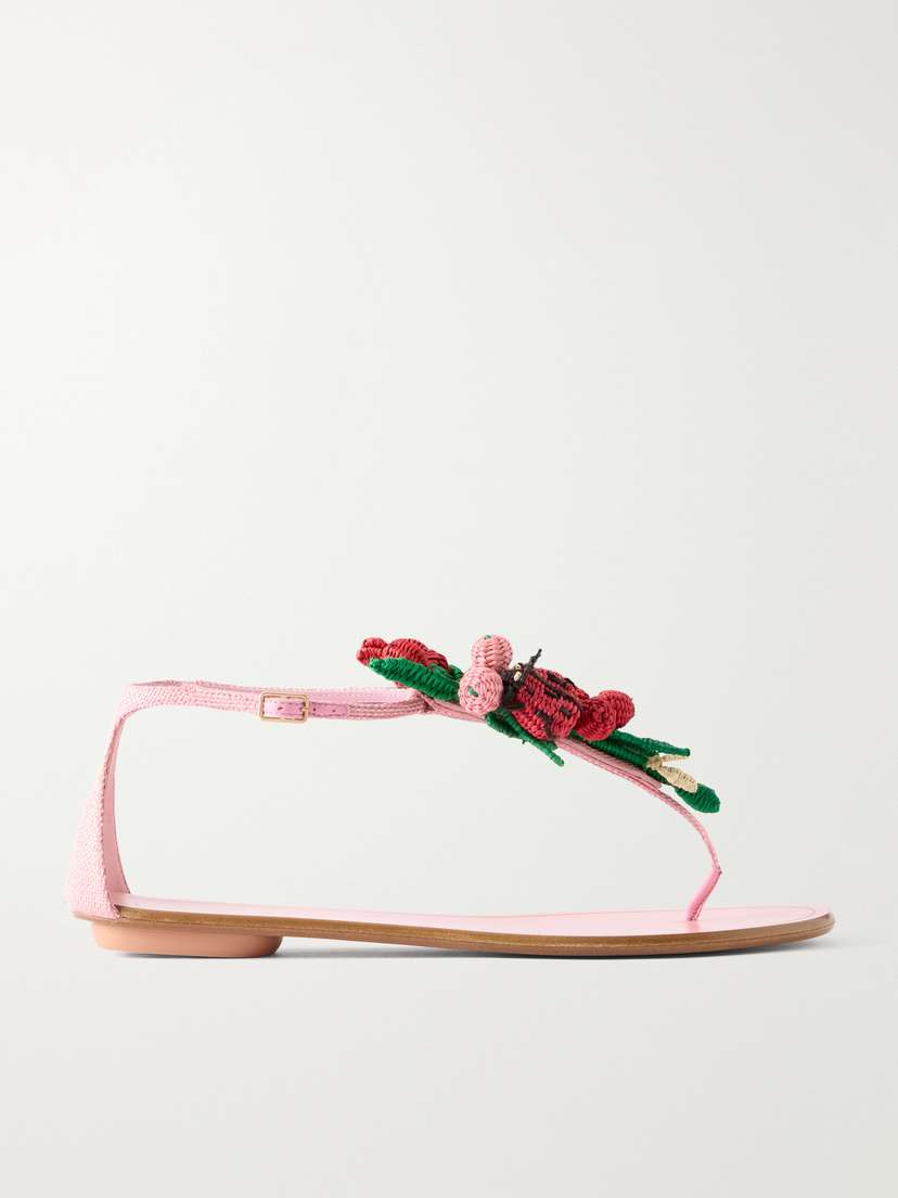 Aquazzura Botanica Embellished Leather And Raffia Thong Sandals