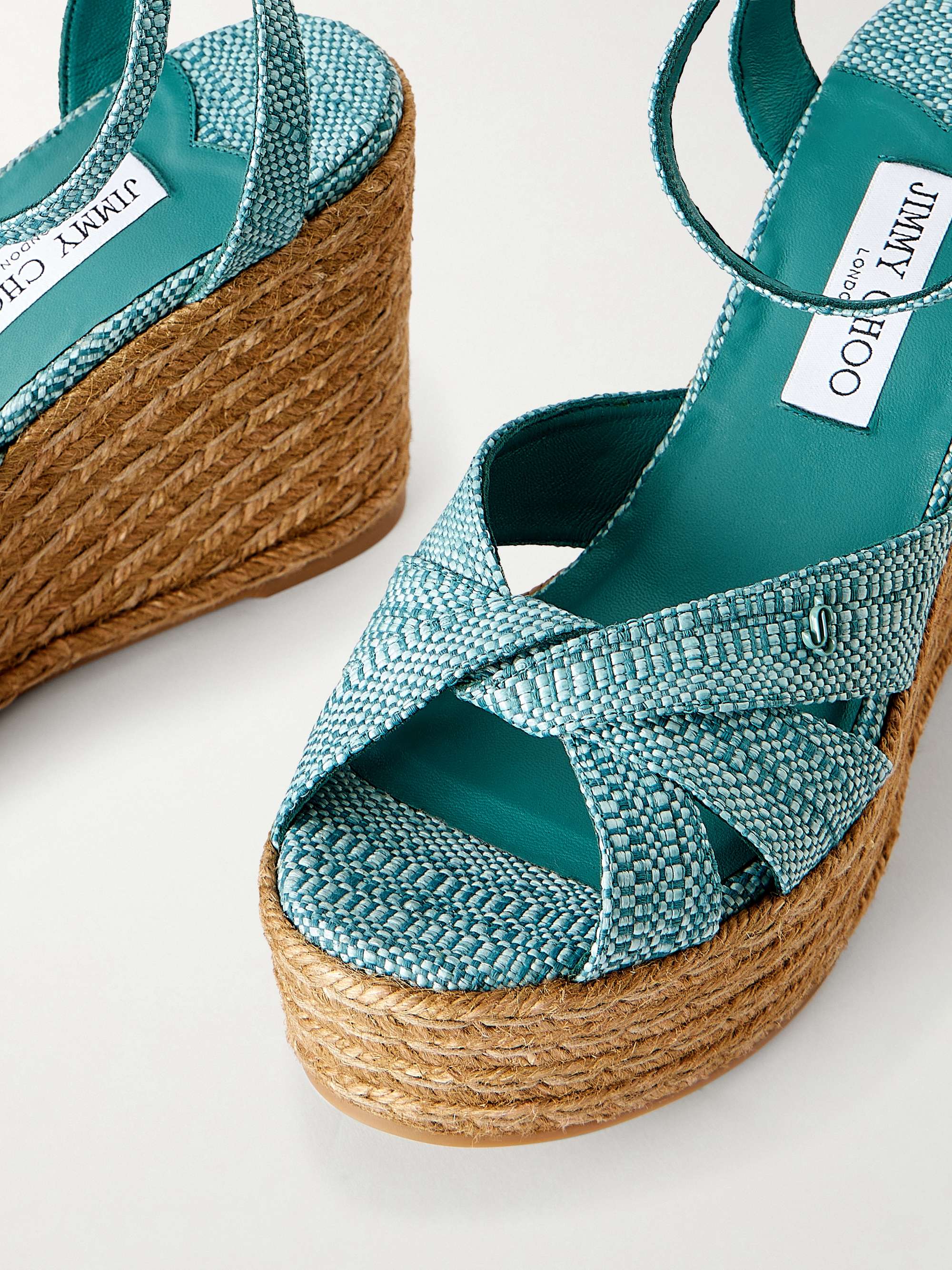 JIMMY CHOO Korra 100 raffia platform wedge sandals | NET-A-PORTER