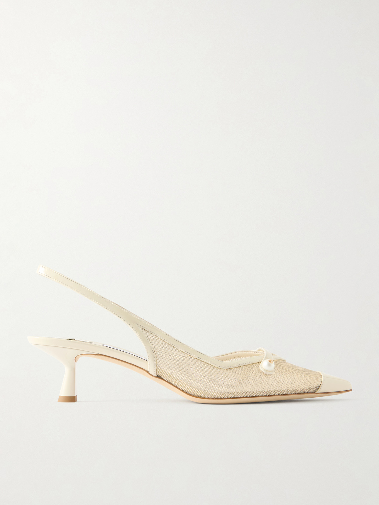 Jimmy Choo Amita 45 Faux-pearl Embellished Patent-leather Trimmed Metallic Mesh Slingback Pumps In Neutral