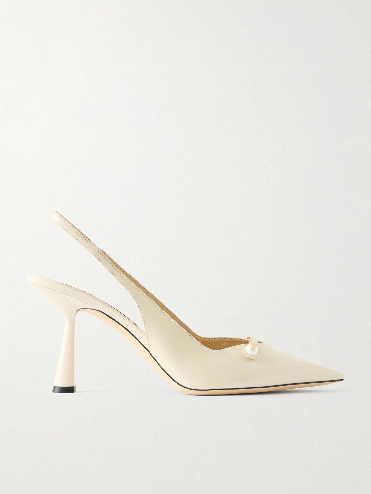 Jimmy Choo Amita 85 Faux-pearl Embellished Patent-leather Slingback Pumps In Neutral