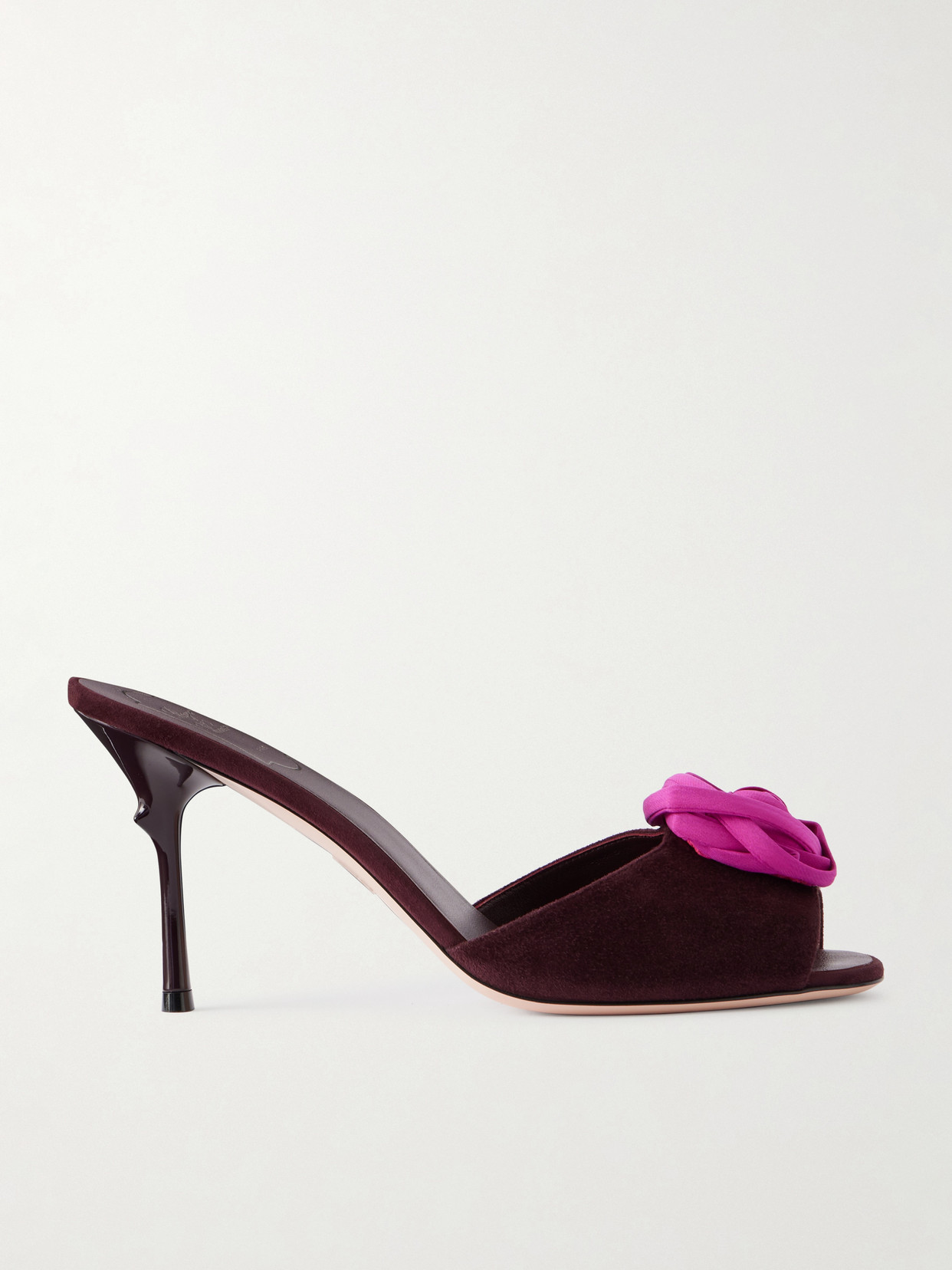 Roger Vivier Epine Rose 85 Floral-appliquéd Suede Mules In Burgundy