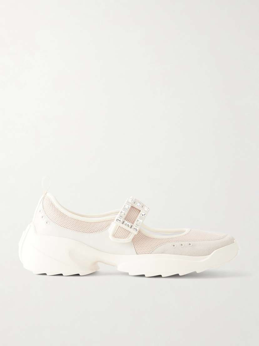 Roger Vivier Viv On The Run Embellished Leather-trimmed Mesh Mary Jane Sneakers