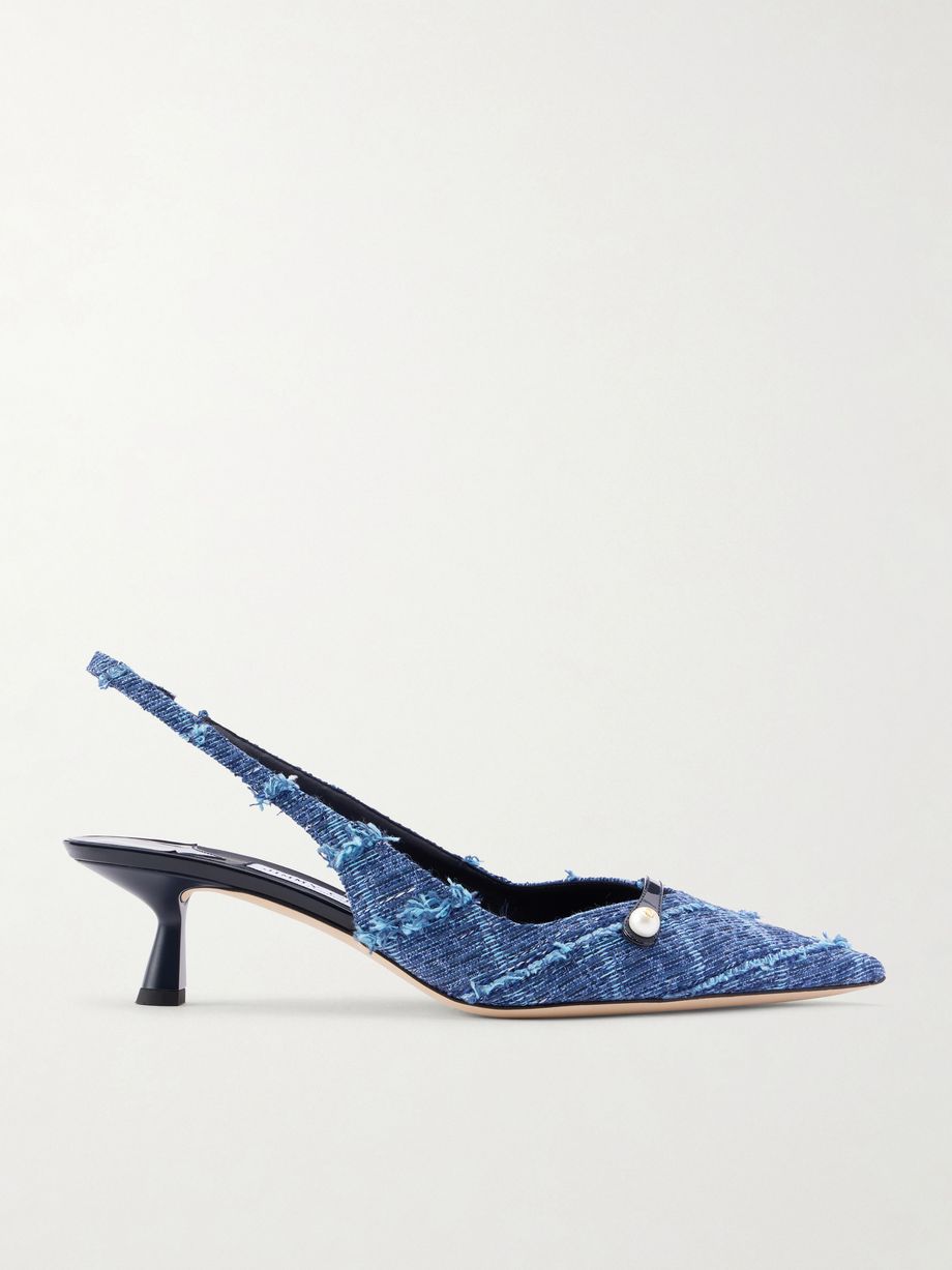 Amita 45 leather-trimmed frayed denim slingback pumps