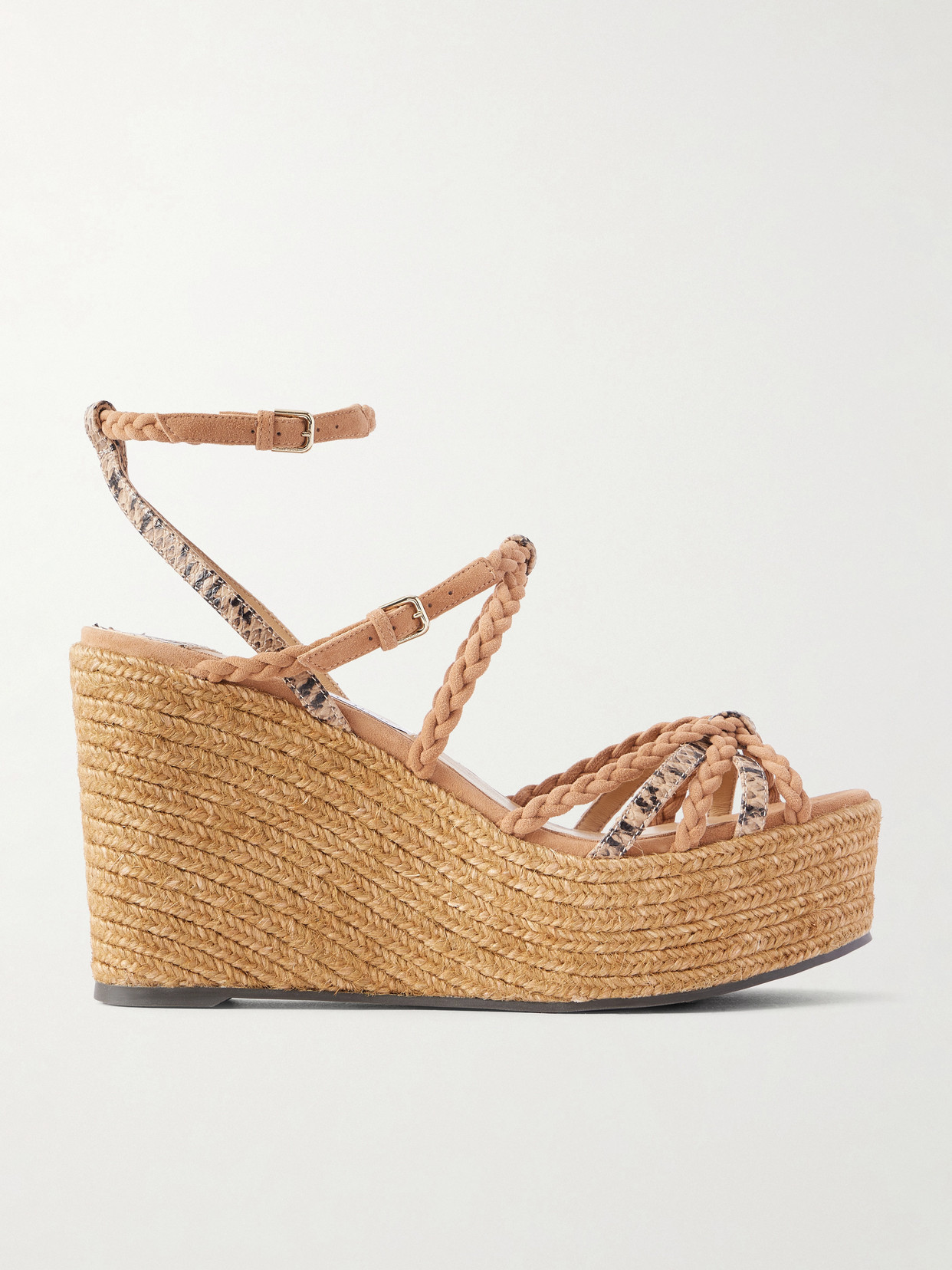 Jimmy Choo Nyra 100 Braided Snake-effect Leather And Suede Wedge Sandals In Brown