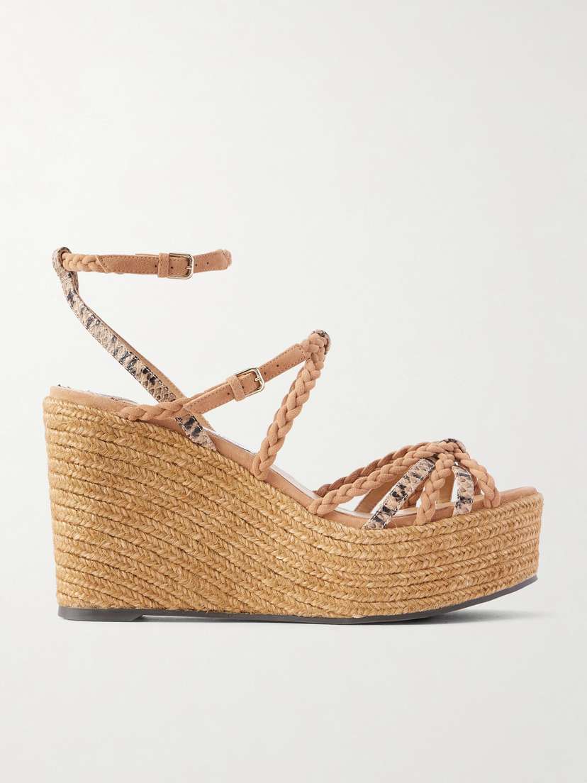 Jimmy Choo Nyra 100 Braided Snake-effect Leather And Suede Wedge Sandals