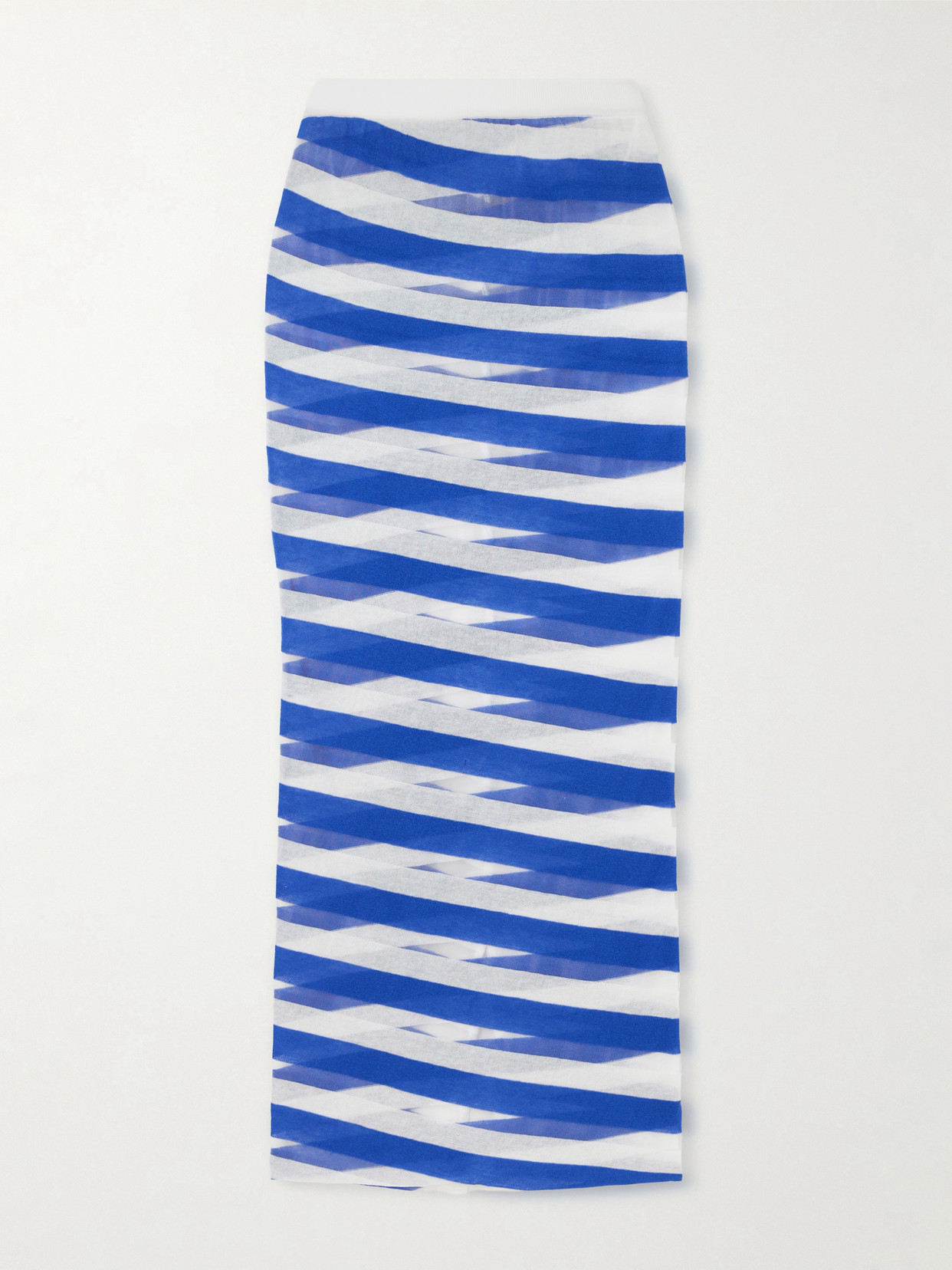 Stella Mccartney Striped Mesh-paneled Cotton-blend Midi Skirt In Blue