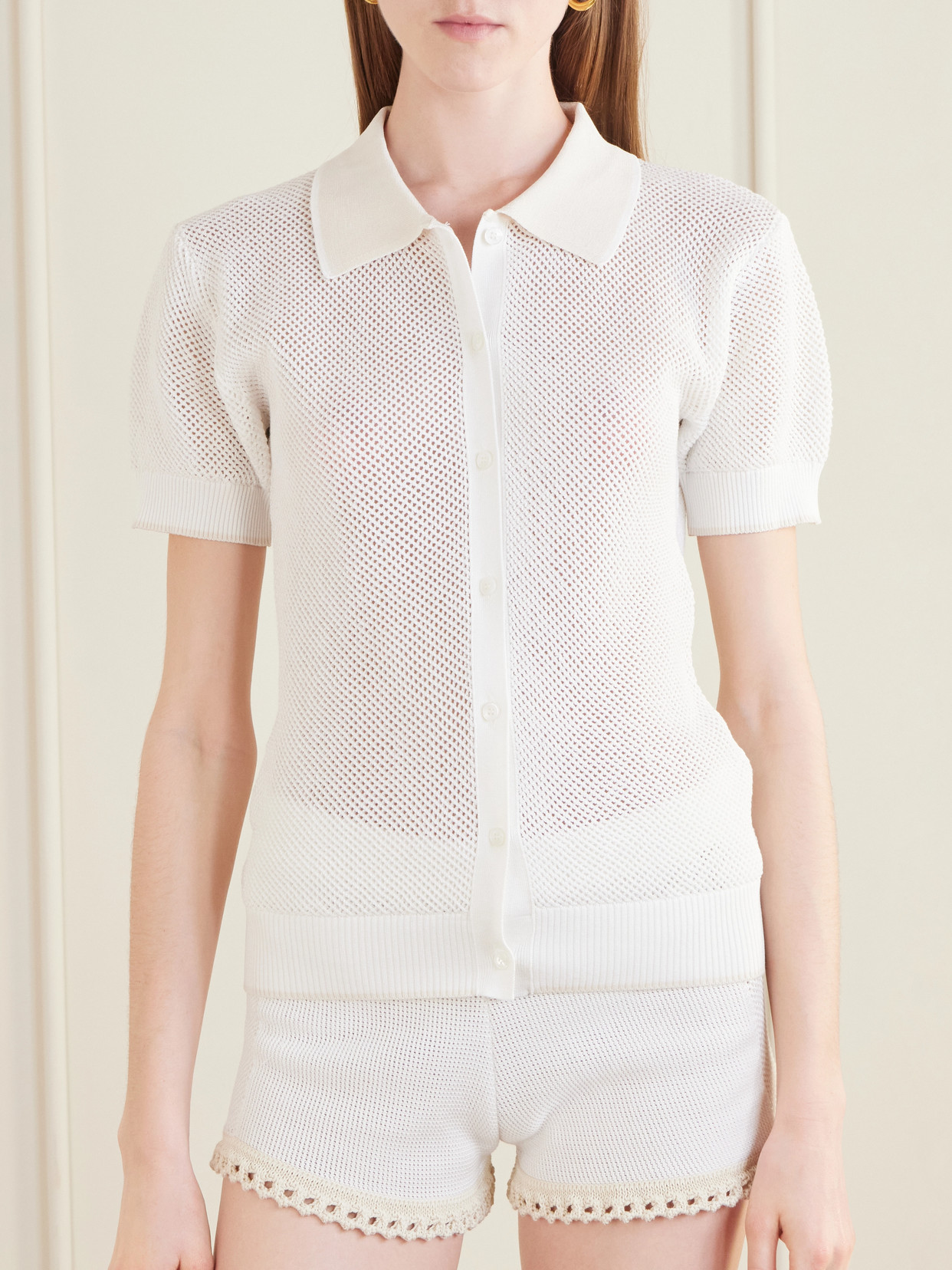 Stella Mccartney Open-knit Cotton Polo Shirt In White