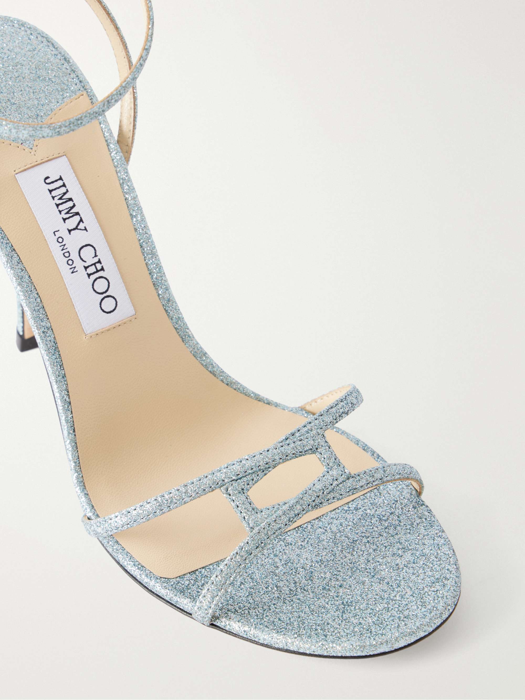 JIMMY CHOO Leo 100 glittered leather sandals | NET-A-PORTER