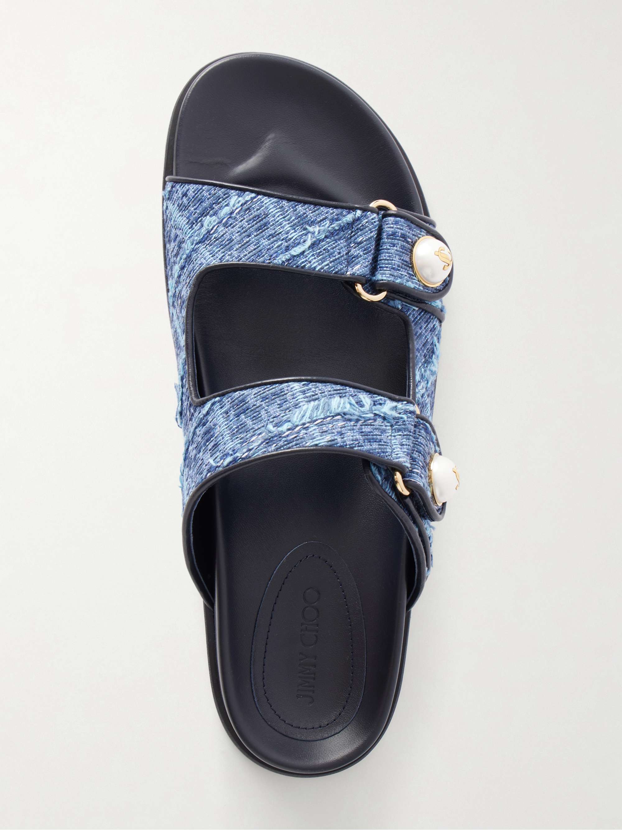 JIMMY CHOO サンダル JIMMY CHOO Fayence embellished frayed denim sandals | NET-A-PORTER