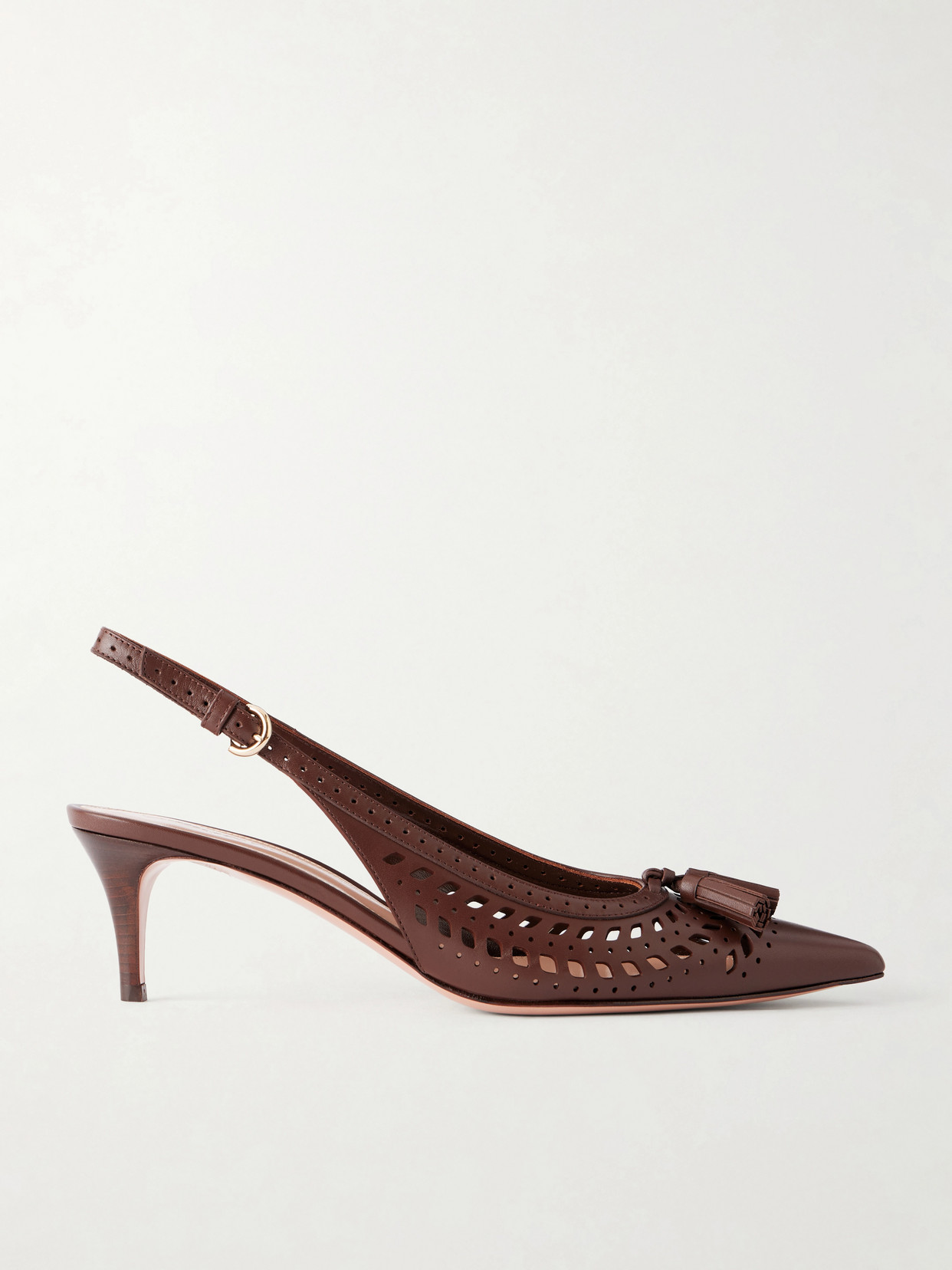 Gianvito Rossi 55 Laser-cut Leather Kitten Heel Slingback Pumps In Brown